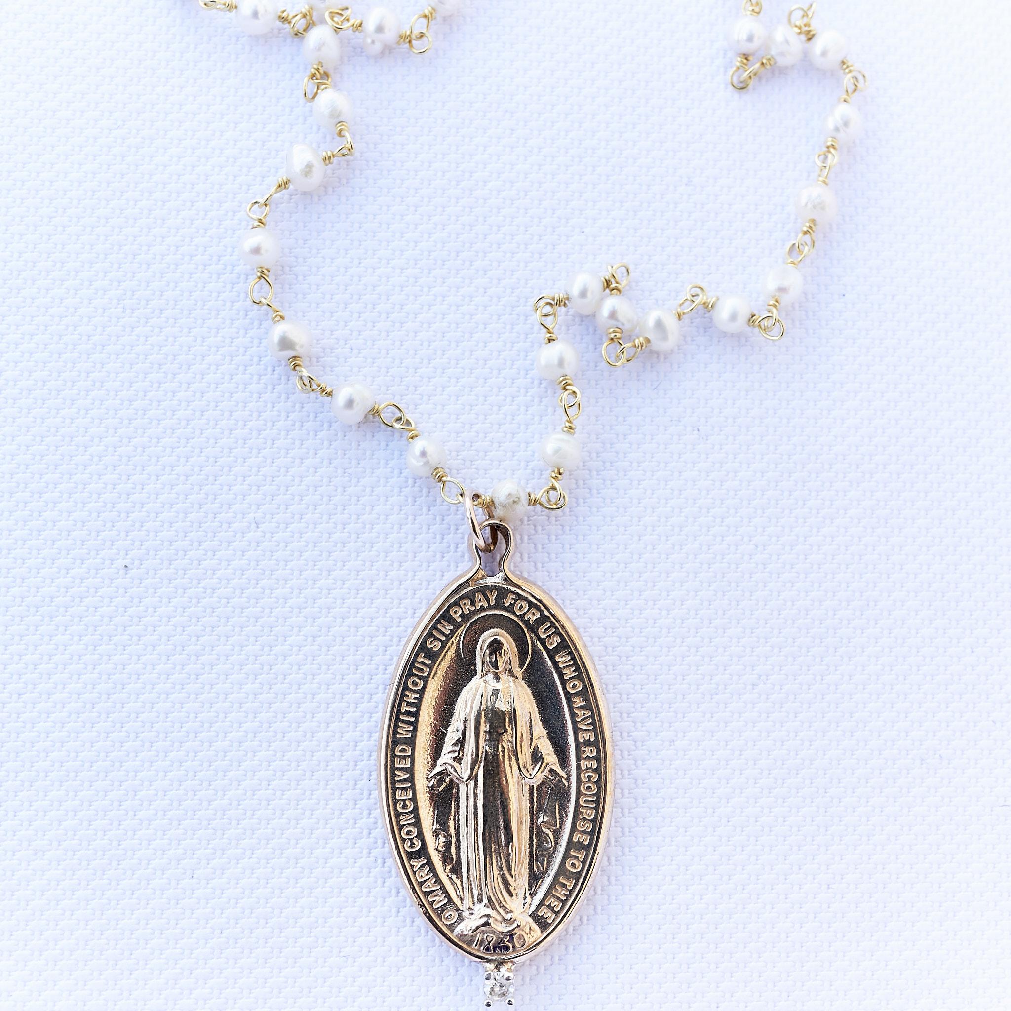 Round Cut White Diamond Virgin Mary Medal Pearl Chain Necklace J Dauphin For Sale