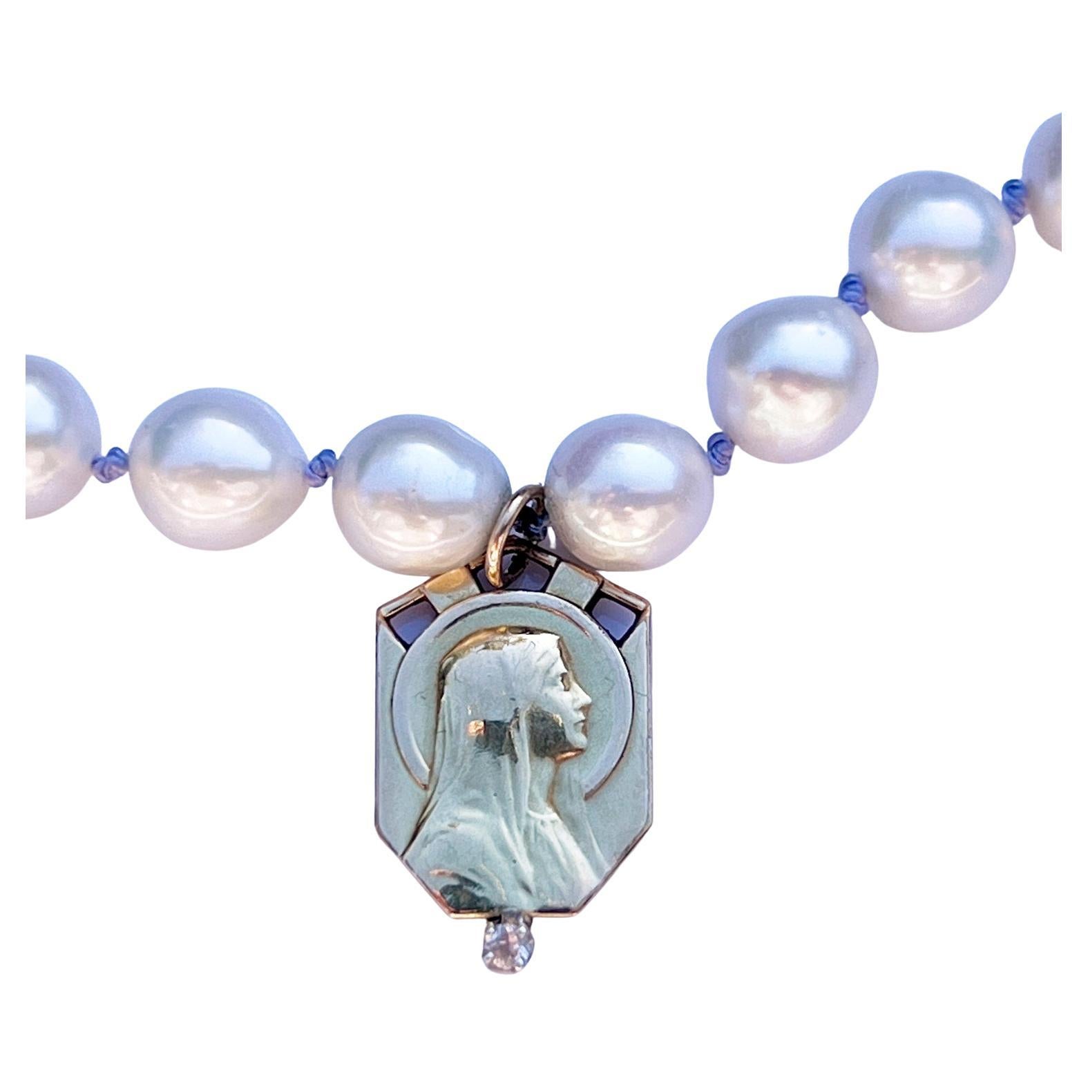 White Diamond Virgin Mary Medal Brass Pearl Necklace Choker Lilac Silk J Dauphin 16