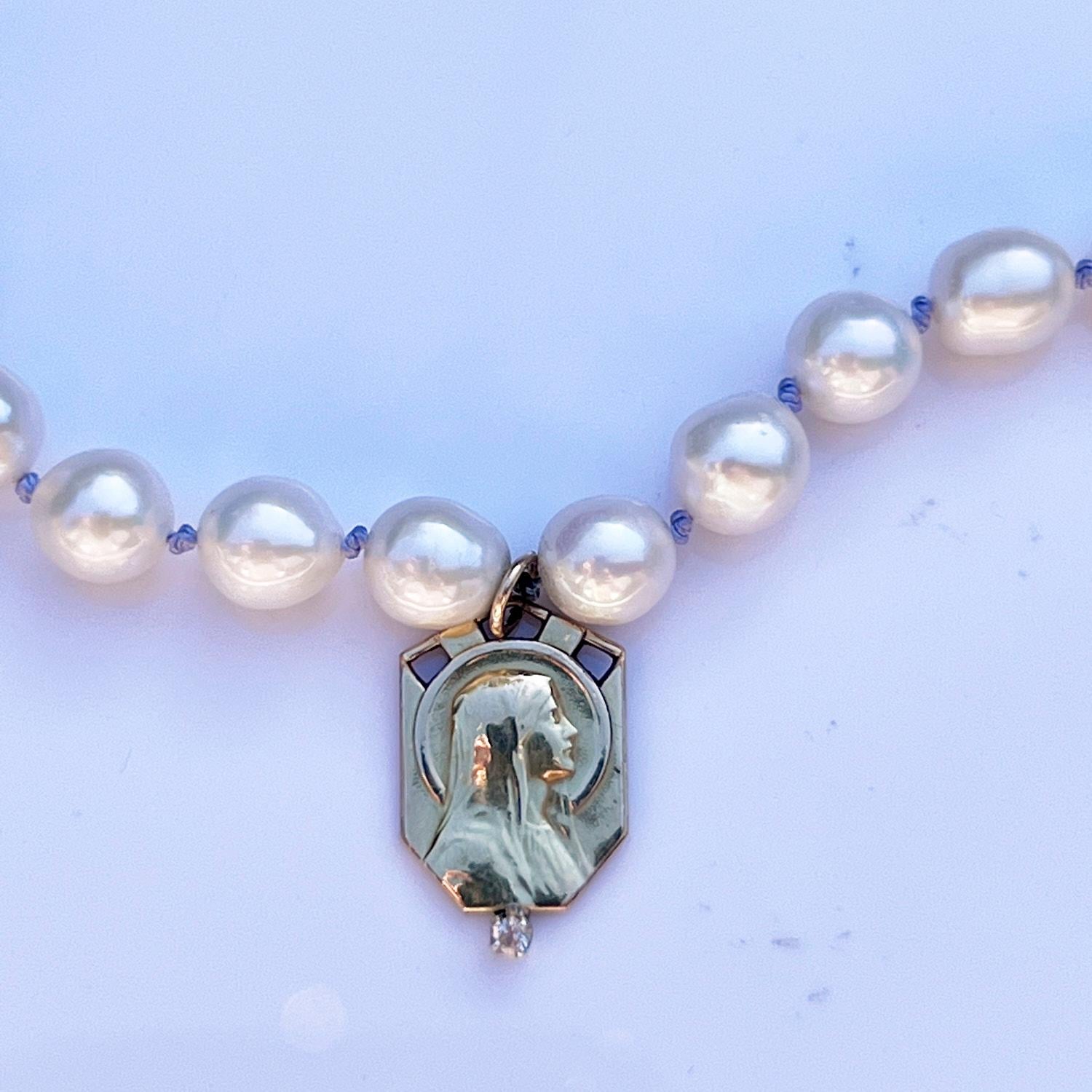 Diamante Blanco Medalla de la Virgen María Collar de Perlas Gargantilla Seda Lila J Dauphin Victoriano