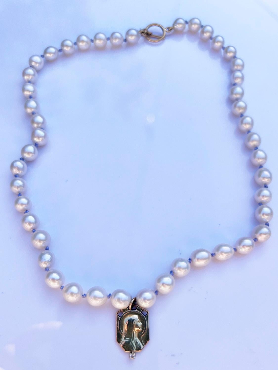 Victorian White Diamond Virgin Mary Medal Pearl Necklace Choker Lilac Silk J Dauphin For Sale