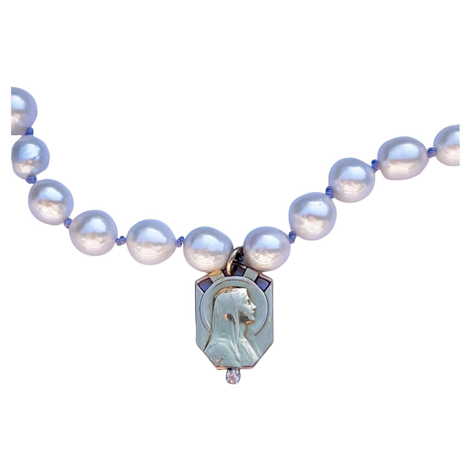 White Diamond Virgin Mary Medal Pearl Necklace Choker Lilac Silk J Dauphin For Sale