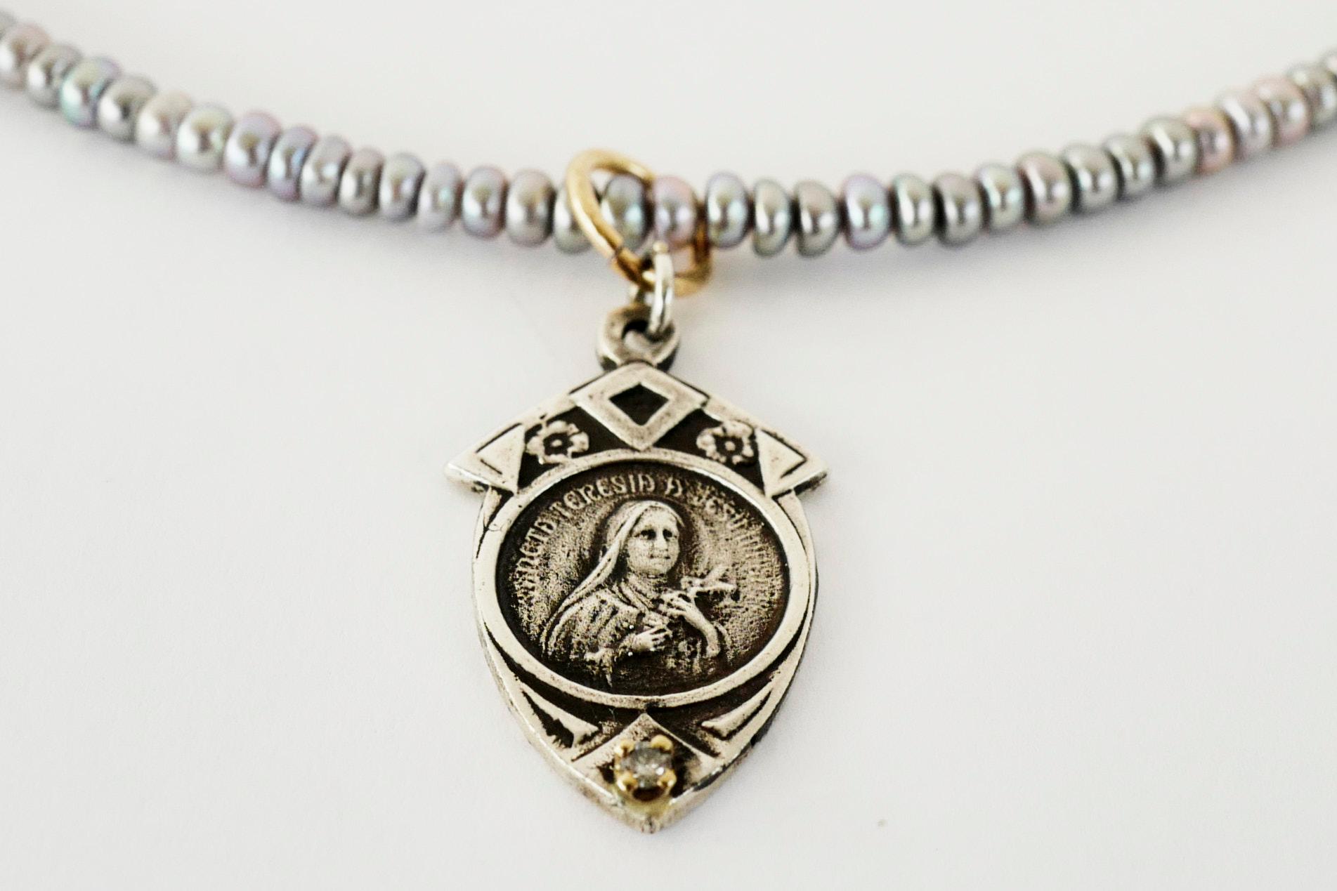 Romantic Medal Virgin Mary Necklace Bead Silver Pendant Pearl Turquoise J Dauphin For Sale