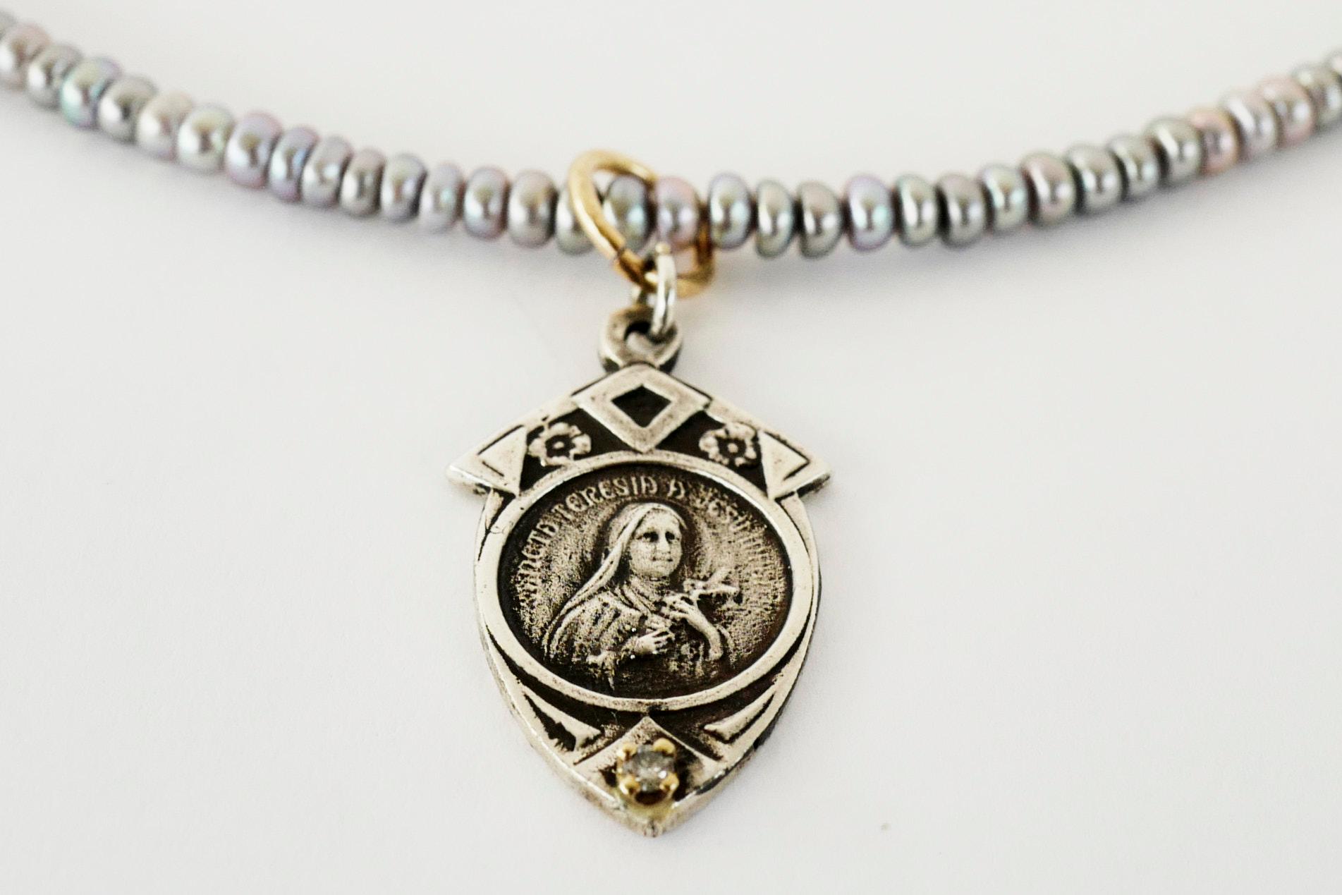 Romantic Medal Virgin Mary Necklace Bead Silver Pendant Pearl Turquoise J Dauphin