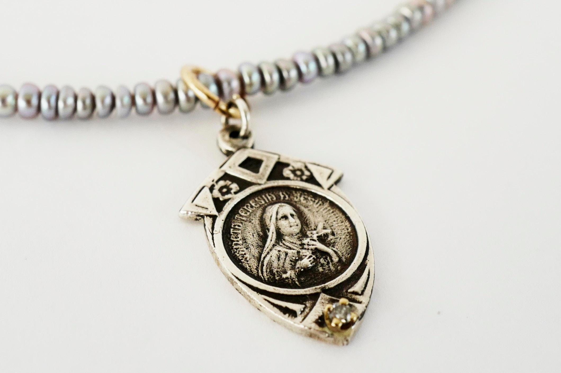Brilliant Cut Medal Virgin Mary Necklace Bead Silver Pendant Pearl Turquoise J Dauphin For Sale