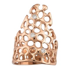 White Diamond Waves Long Ring in 14K Rose Gold and Diamond by Selda Jewellery