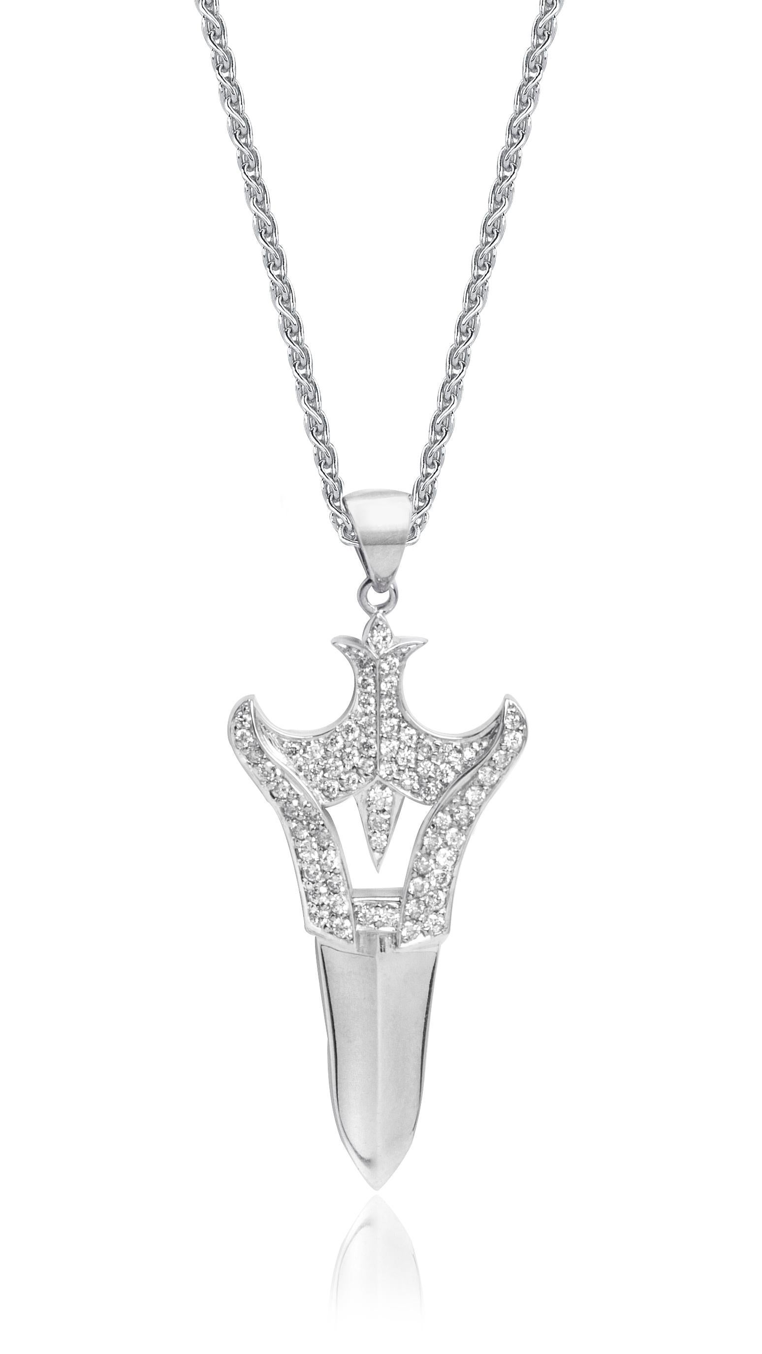 White Diamond White Gold Dagger Pendant Necklace
White Diamonds set on White Gold. 
Available in any stone or gold variation.
Crafted to order. Please allow up to 3 weeks for delivery.