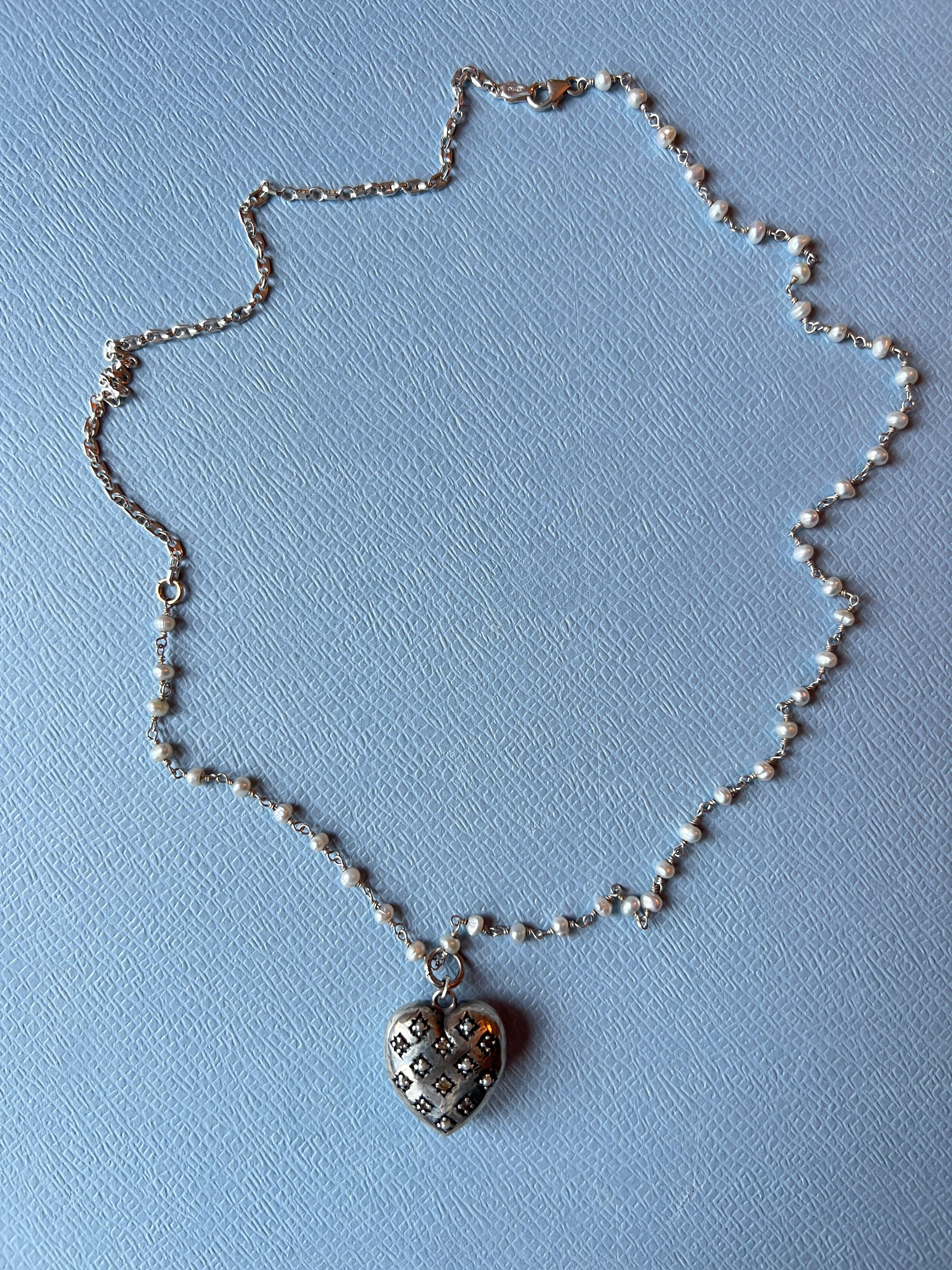Silver Haert White Diamond White Pearl Rosario Necklace For Sale 4