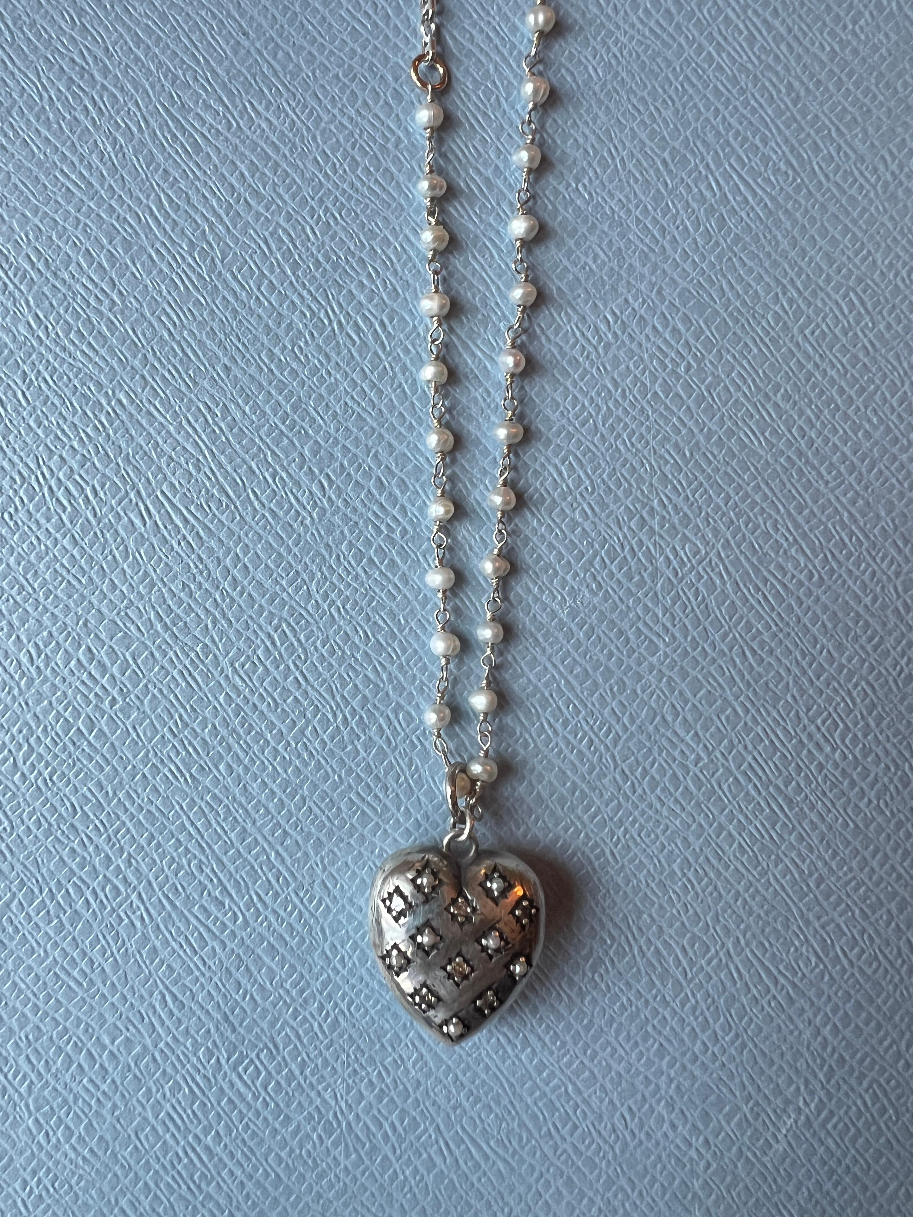 Victorian Silver Haert White Diamond White Pearl Rosario Necklace For Sale