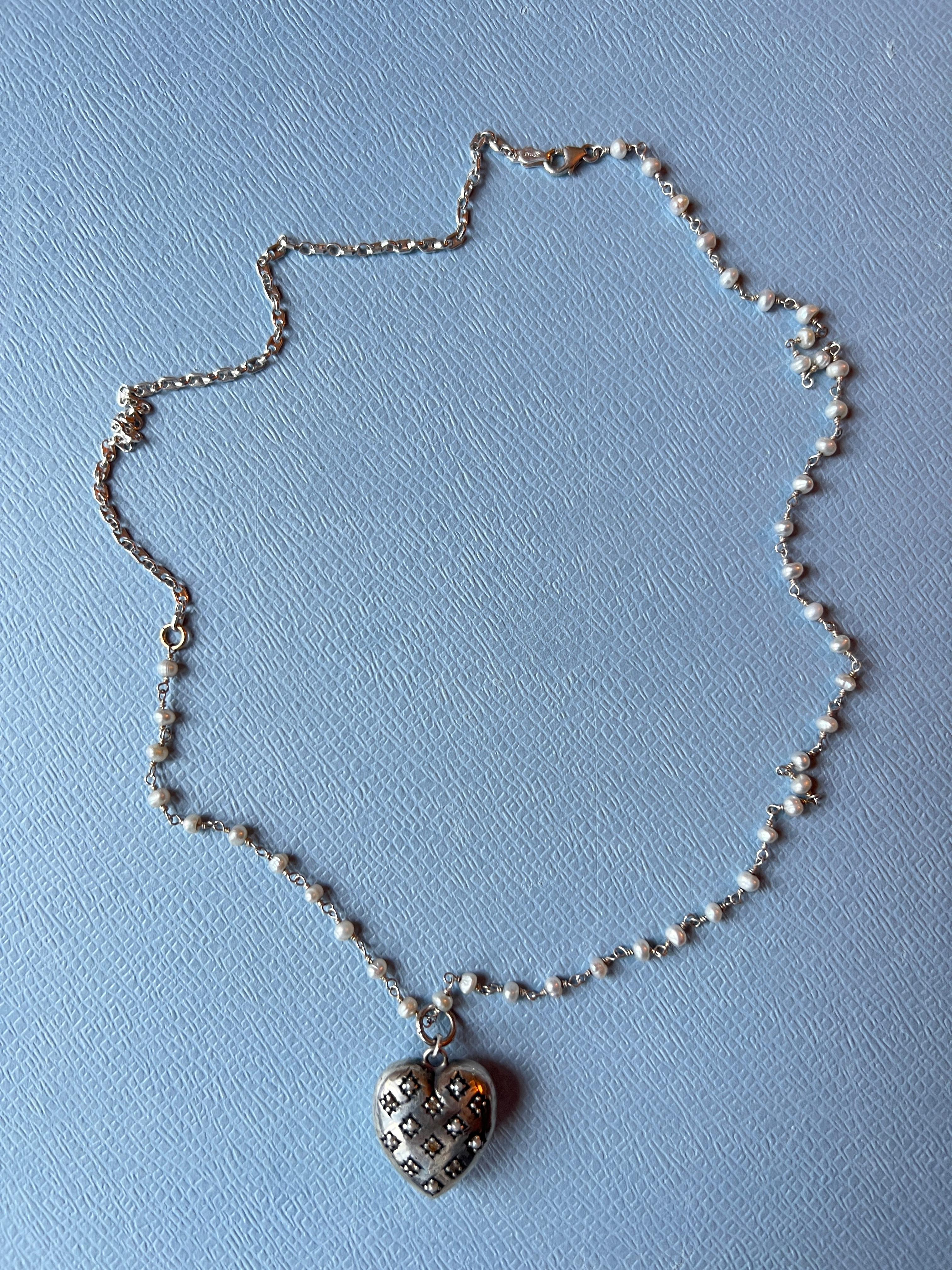 Women's Silver Haert White Diamond White Pearl Rosario Necklace For Sale
