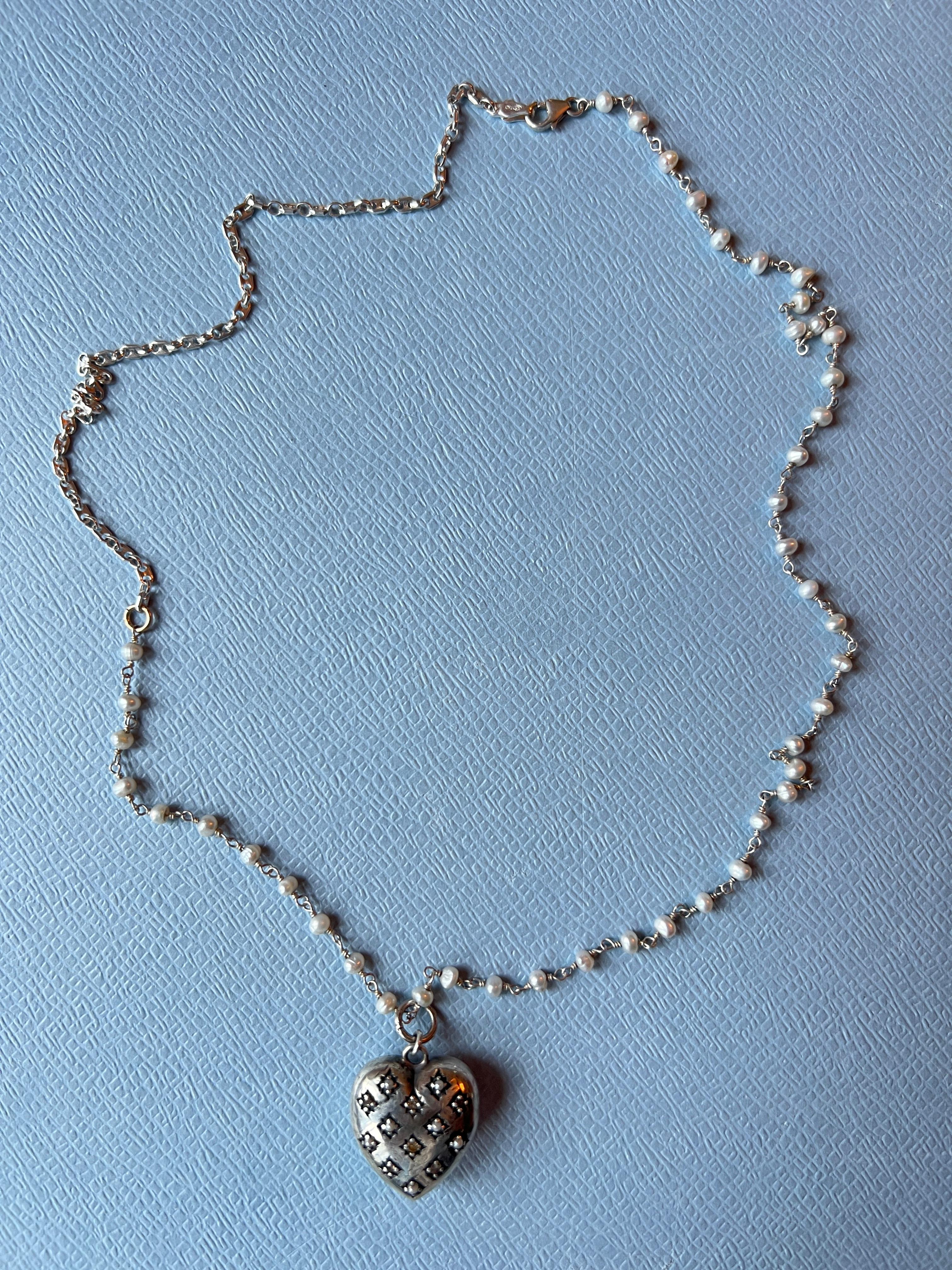 Silver Haert White Diamond White Pearl Rosario Necklace For Sale 1