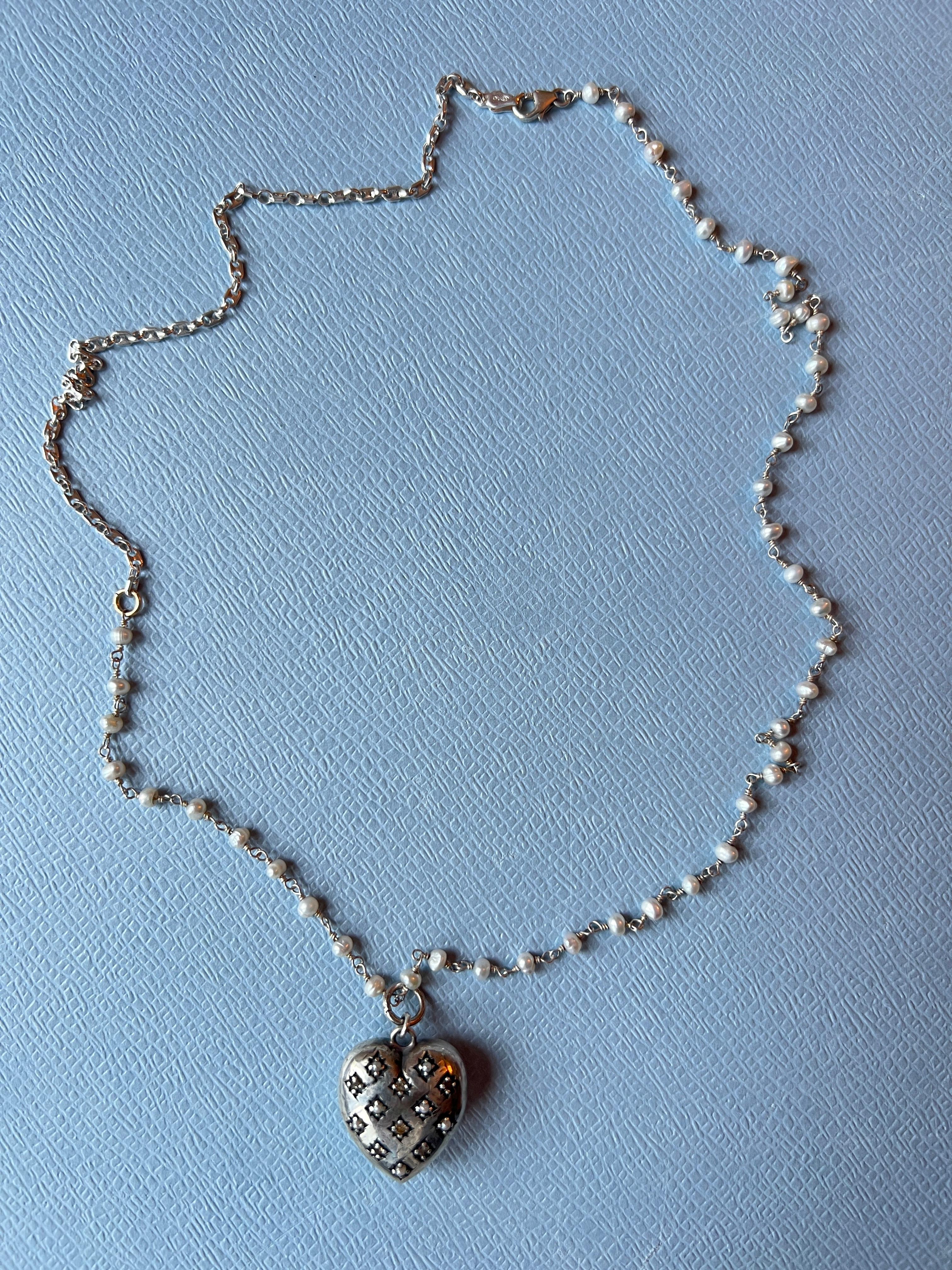 Silver Haert White Diamond White Pearl Rosario Necklace For Sale 2