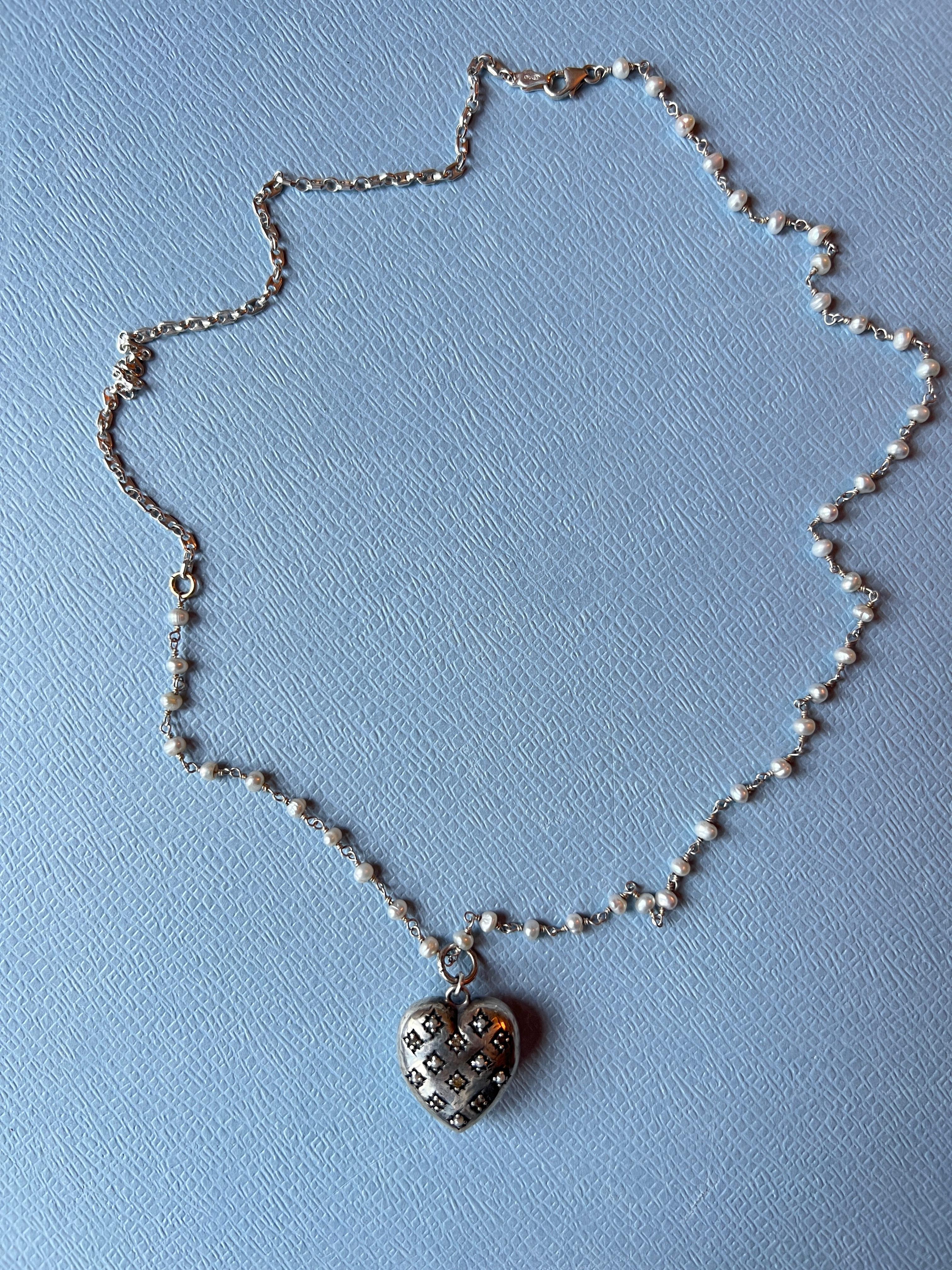 Silver Haert White Diamond White Pearl Rosario Necklace For Sale 3