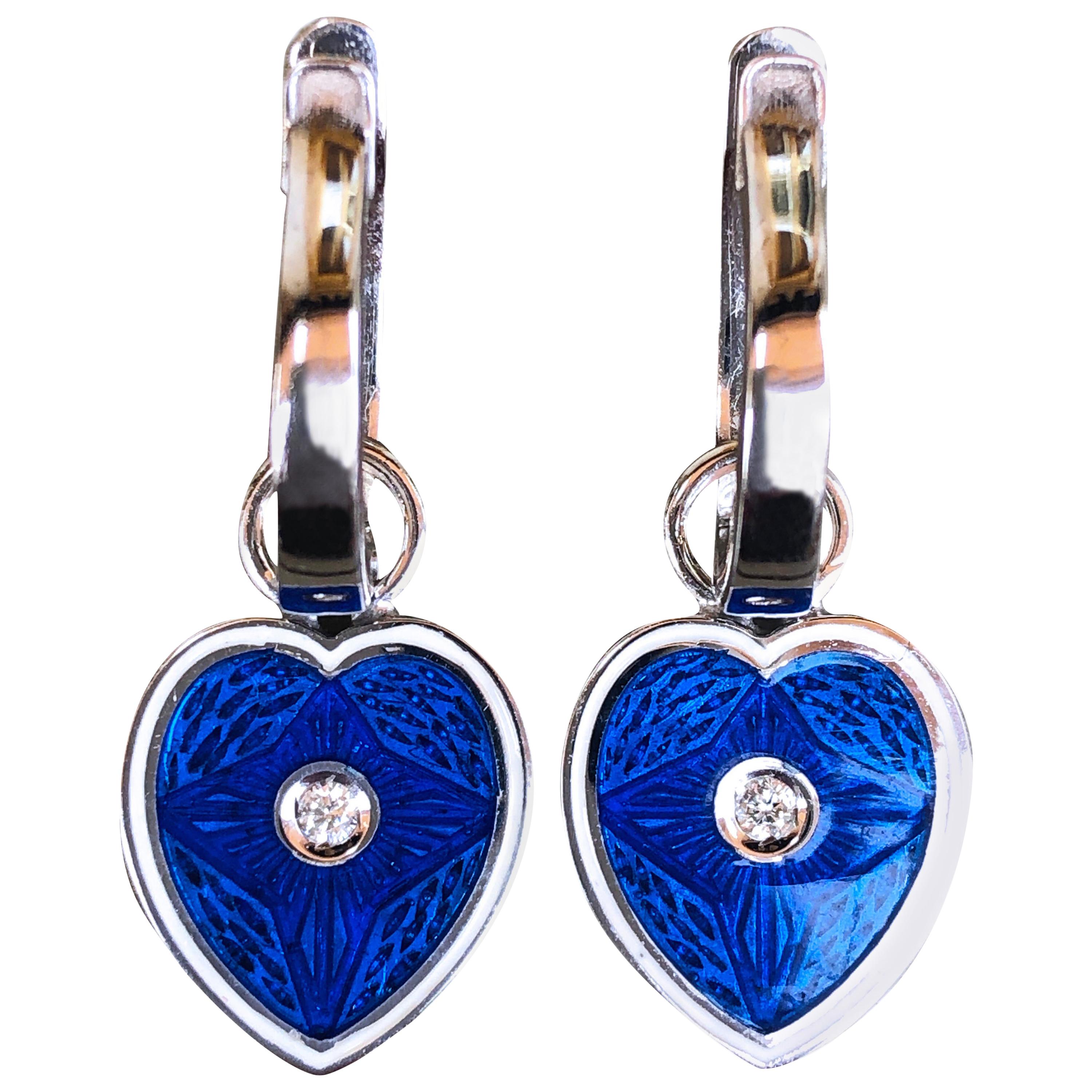 Berca White Diamond White Royal Blue Heart Shaped Gold Removable Dangle Earrings