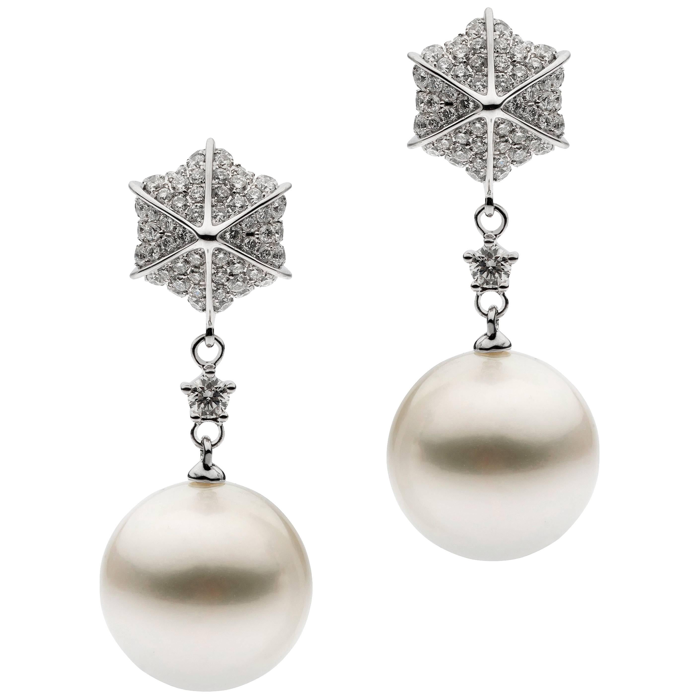Autore White Diamond White South Sea Pearl Drop Earrings For Sale