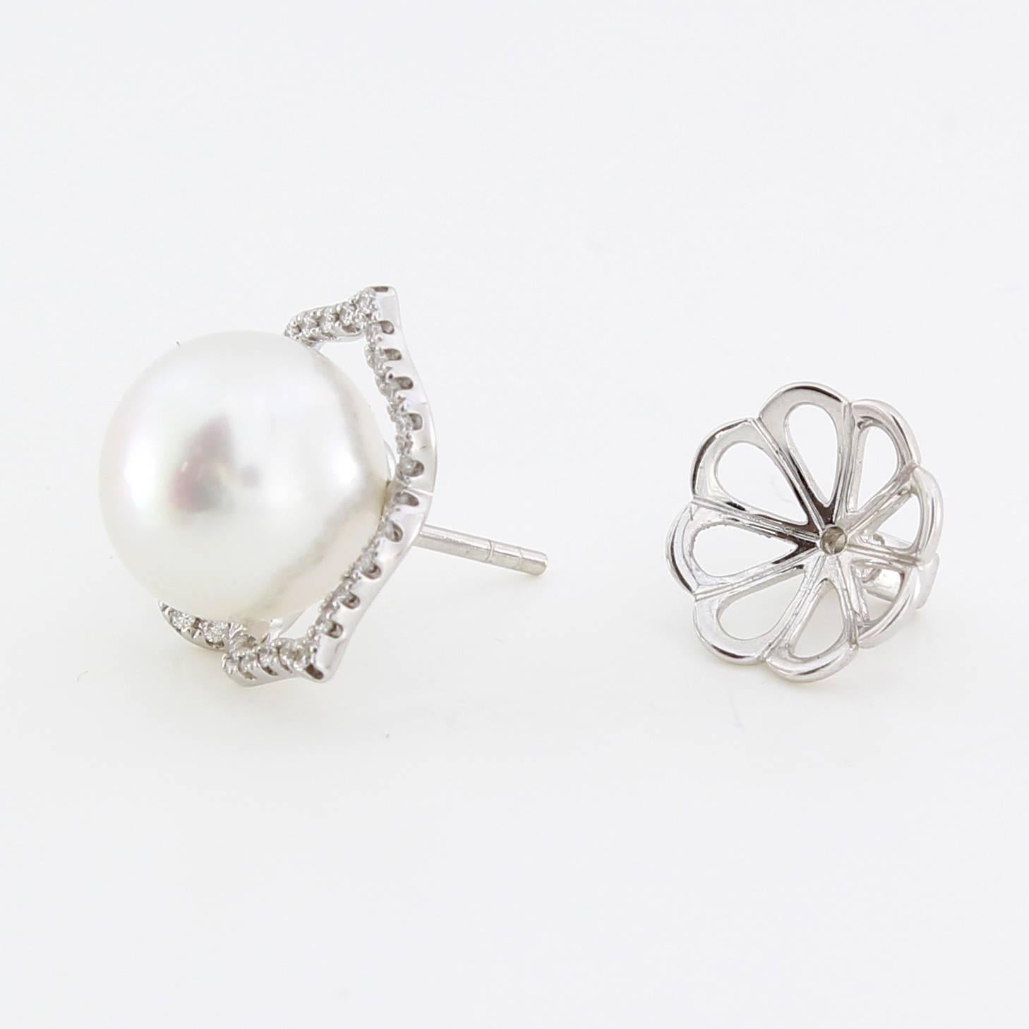 Contemporary Autore White Diamond White South Sea Pearl Stud Earrings