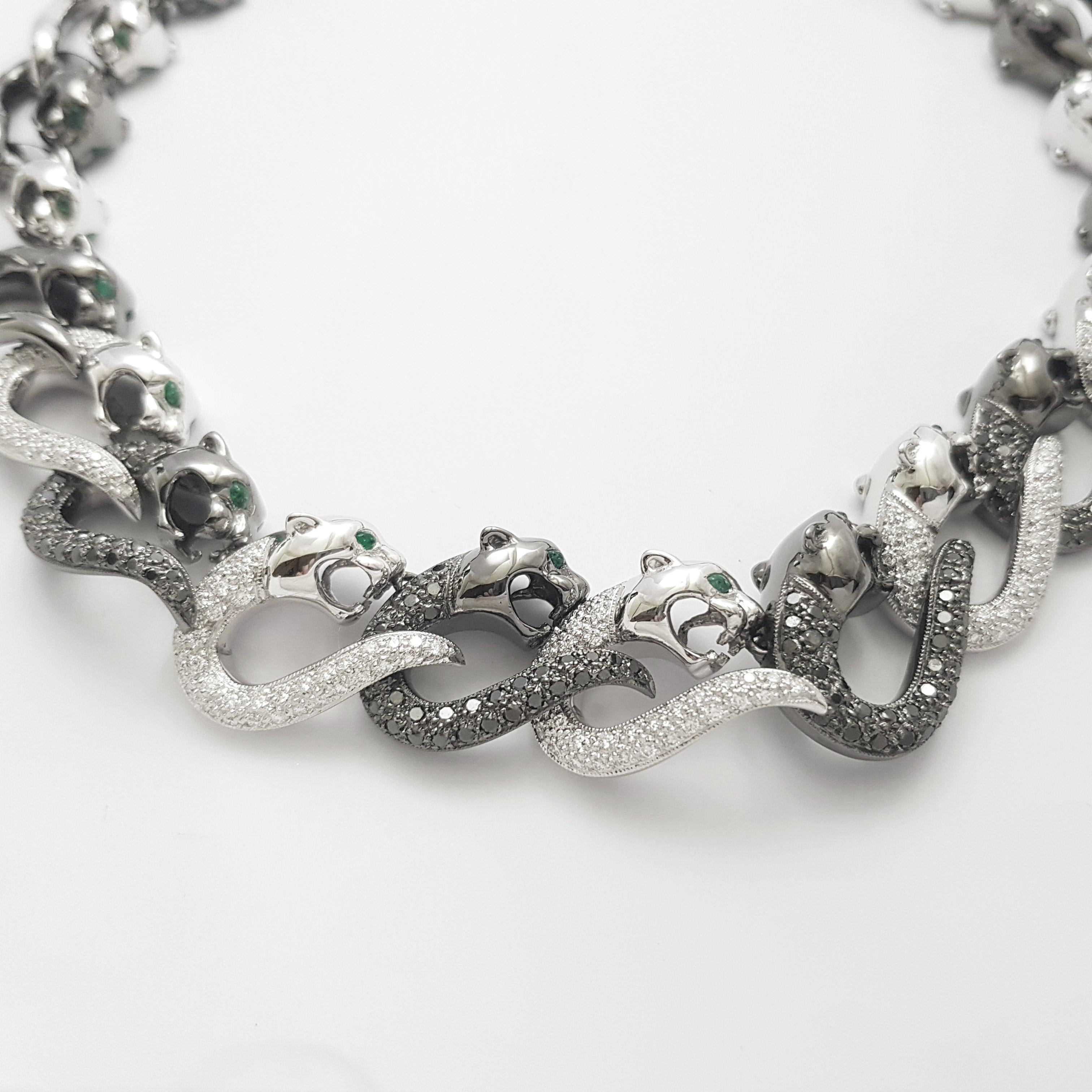 Contemporary White Diamond with Black Diamond Panther Necklace set in 18K White Gold Settings For Sale