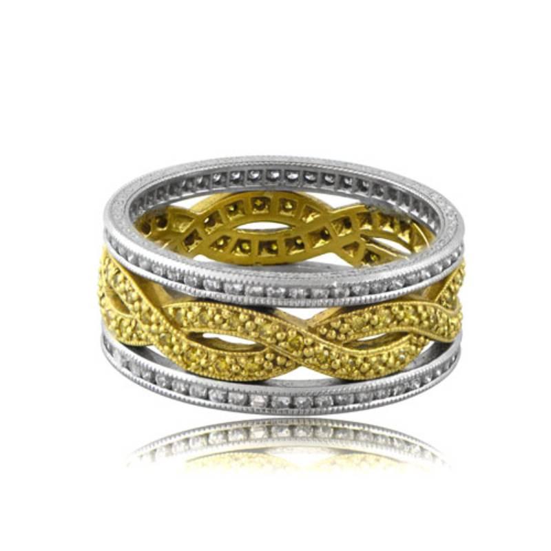 This stunning platinum wedding band showcases Art Deco influences with a captivating design. Two intertwining rows of yellow diamonds elegantly line the center, bordered by a row of white diamonds on each side. The white diamonds boast approximately