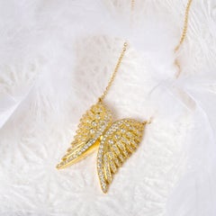White Diamond Yellow Gold Angel Wing Pendant Necklace