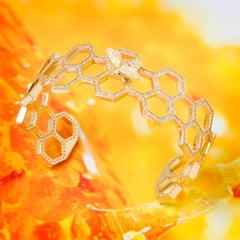 White Diamond Yellow Gold Bangle Bracelet, Thin Bee Cuff