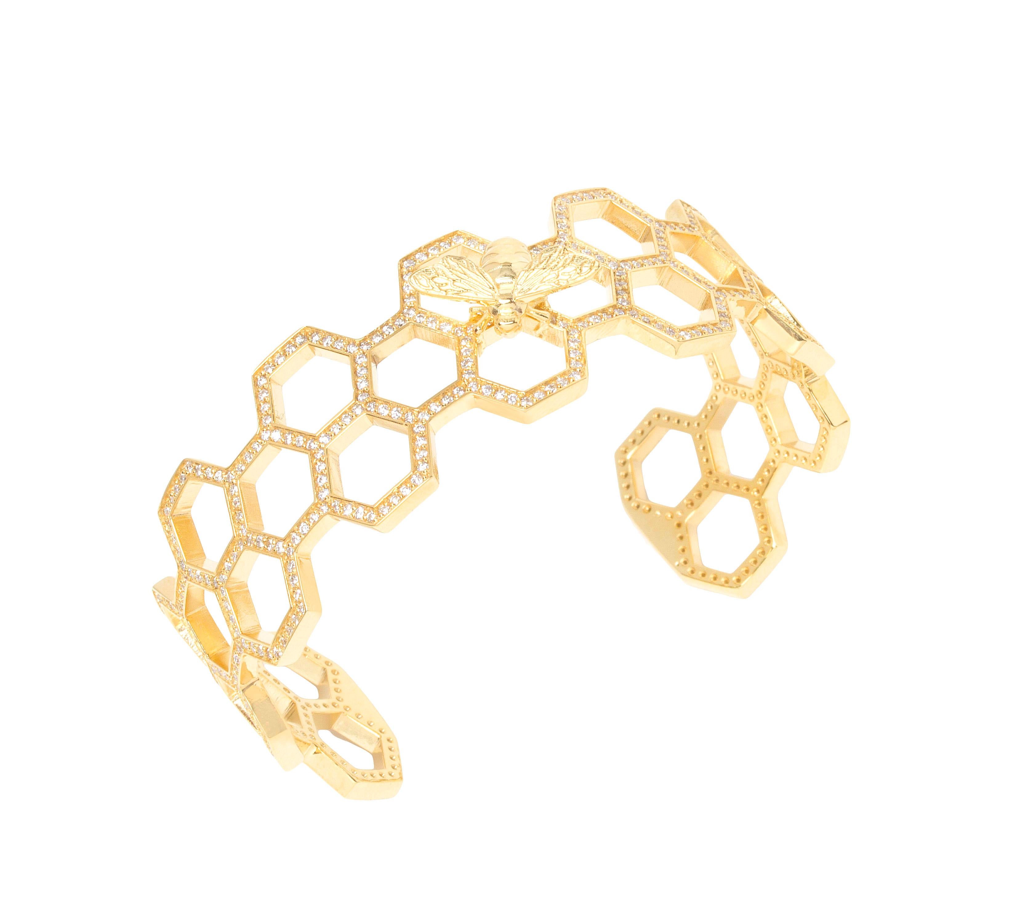 Modern White Diamond Yellow Gold Bangle Bracelet, Thin Bee Cuff For Sale