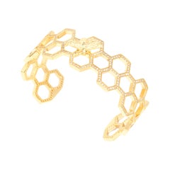 White Diamond Yellow Gold Bangle Bracelet, Thin Bee Cuff