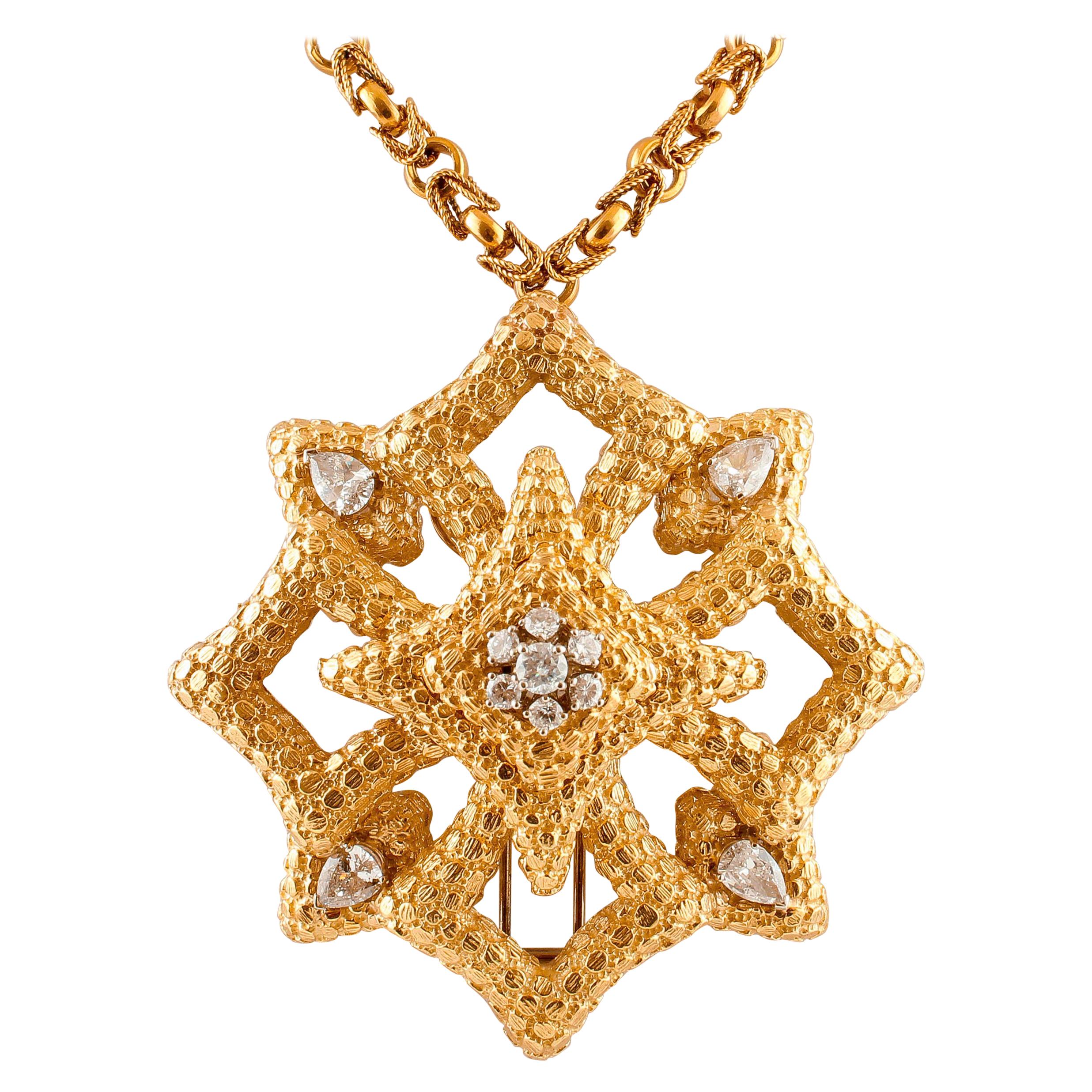 White Diamonds 18 Karat Yellow Gold Star Shape Chain/Pendant Necklace and Brooch