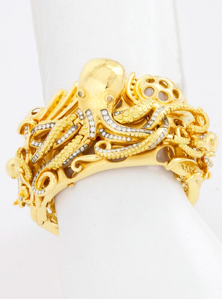 Contemporary White Diamonds 18k Gold Octopus Family Convertible Cuff by John Landrum Bryant For Sale