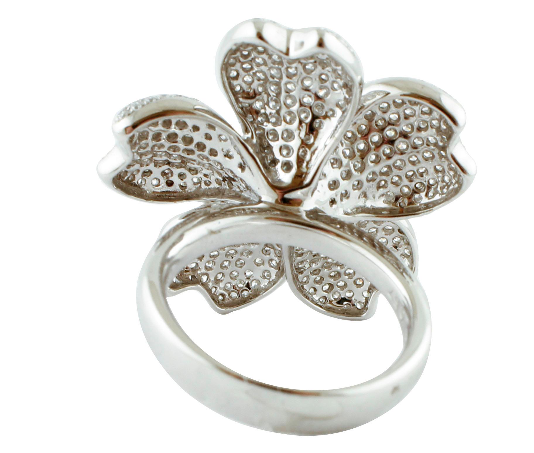 Modern 2, 75 carat White Diamonds 18 Karat White Gold Flower Design Fashion/Cluster Ring