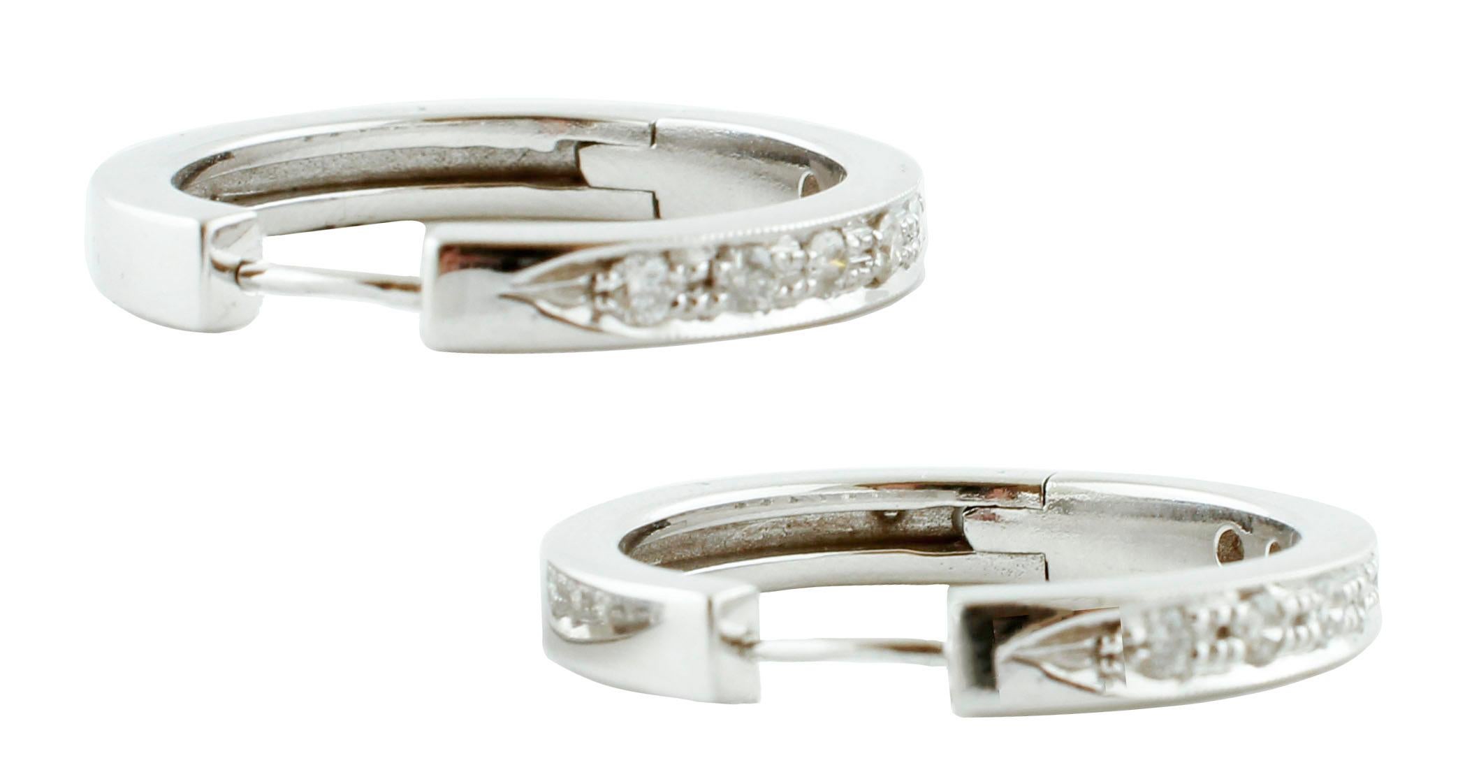 Retro White Diamonds, 18 Karat White Gold Modern Style Hoop Earrings For Sale