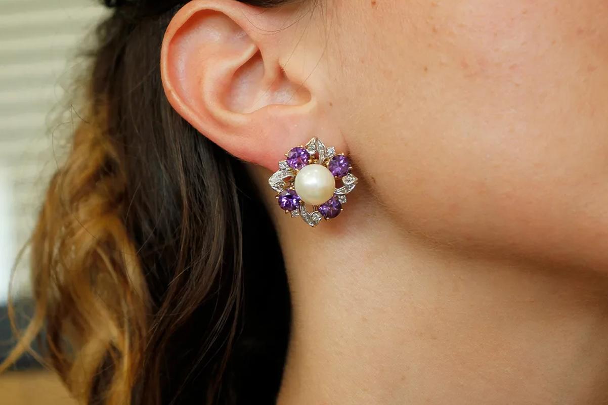 Women's White Diamonds, Amethyst, South-Sea Pearls, 14k Rose/White Gold Clip-On Earrings