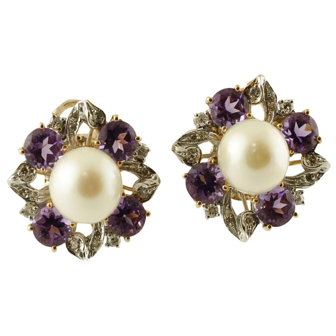 White Diamonds, Amethyst, South-Sea Pearls, 14k Rose/White Gold Clip-On Earrings