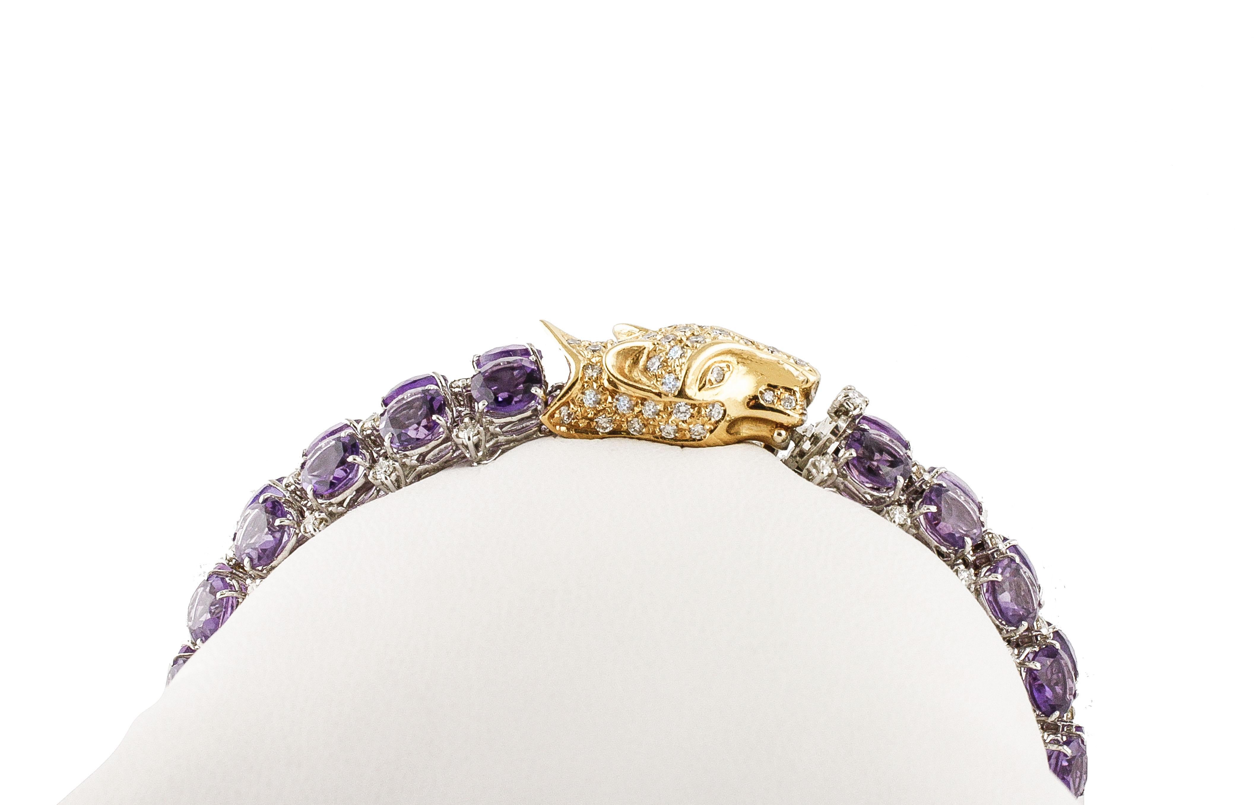 Gorgeous link bracelet in 18K white gold structure all studded by 34.38 ct of intense color two amethysts rows and adorned by little white diamonds three rows.
The closure of the bracelet is an wolf head in 18K yellow gold embellished by shining
