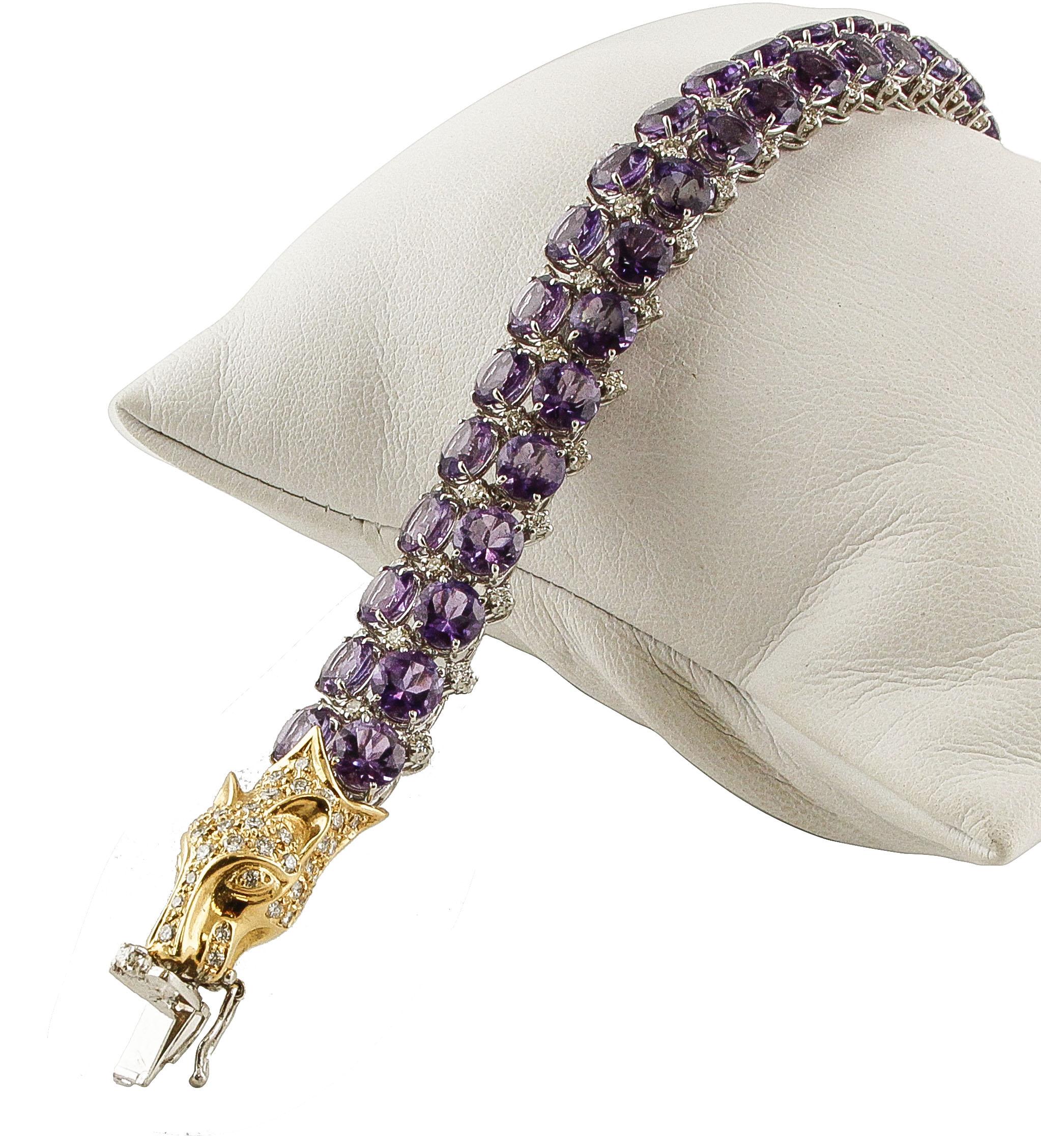 Retro White Diamonds Amethysts 18 Karat Yellow and White Gold Wolf Head Link Bracelet