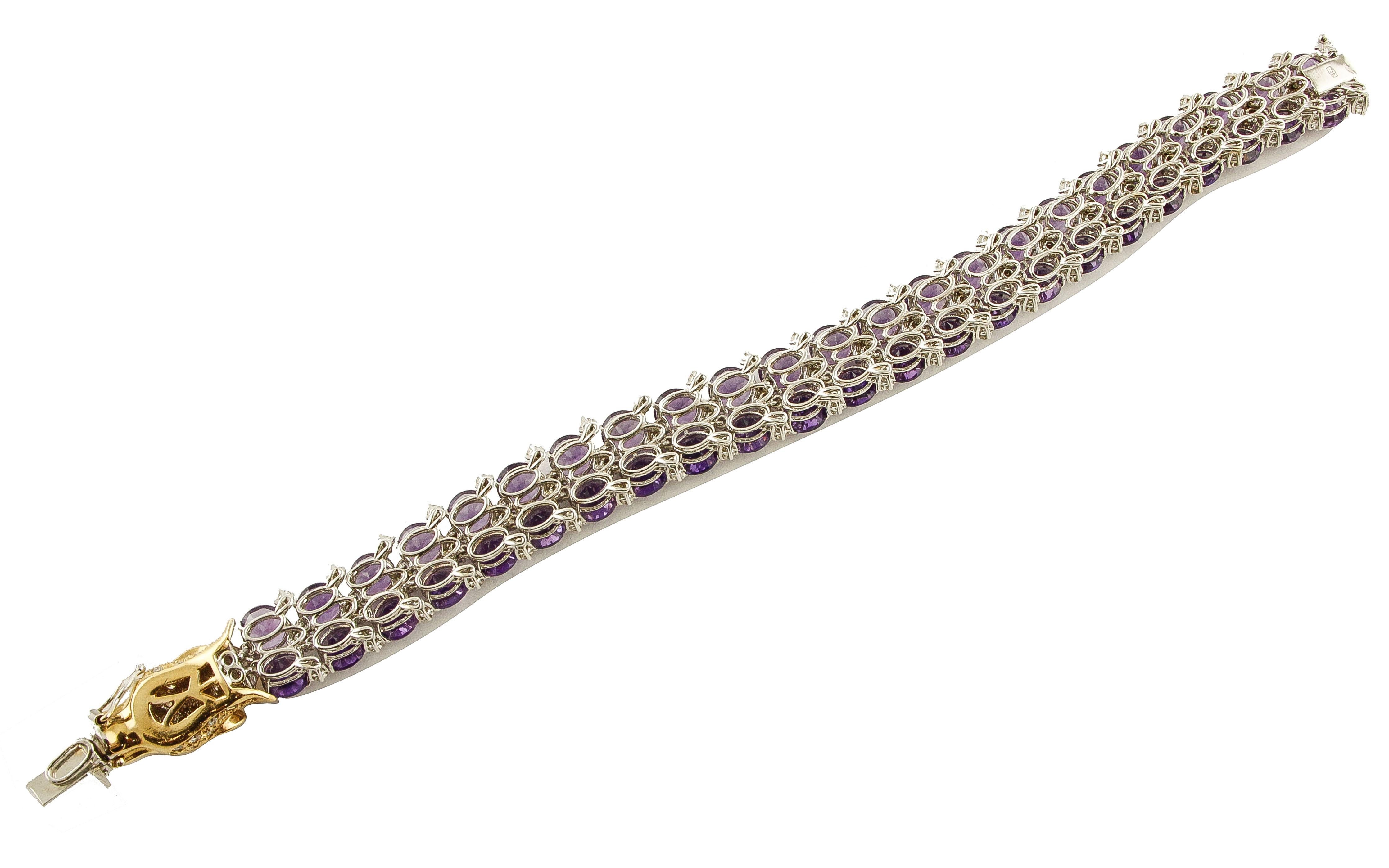 Women's White Diamonds Amethysts 18 Karat Yellow and White Gold Wolf Head Link Bracelet