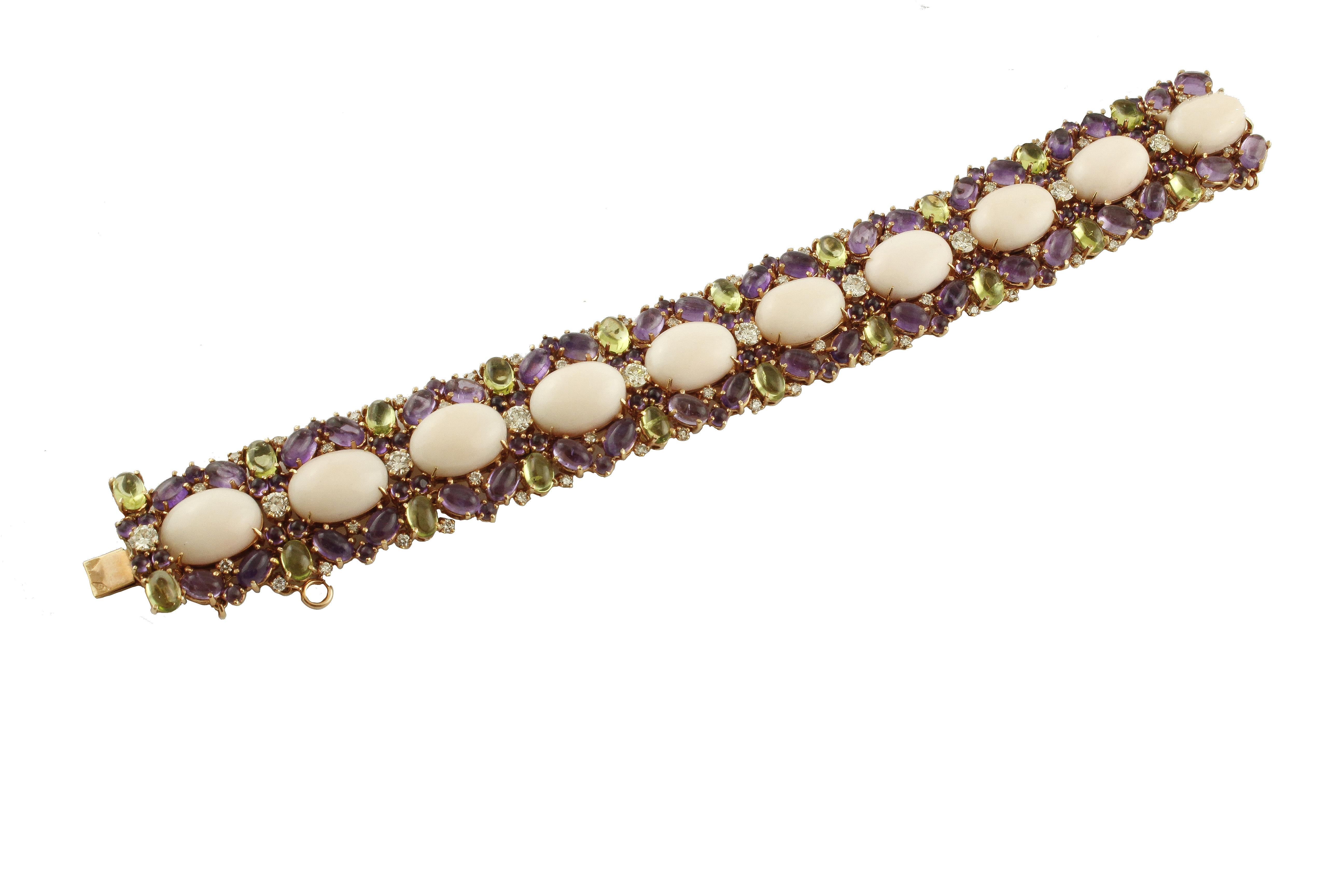 Retro White Diamonds Amethysts Peridots Pink Corals Rose Gold Link Bracelet For Sale