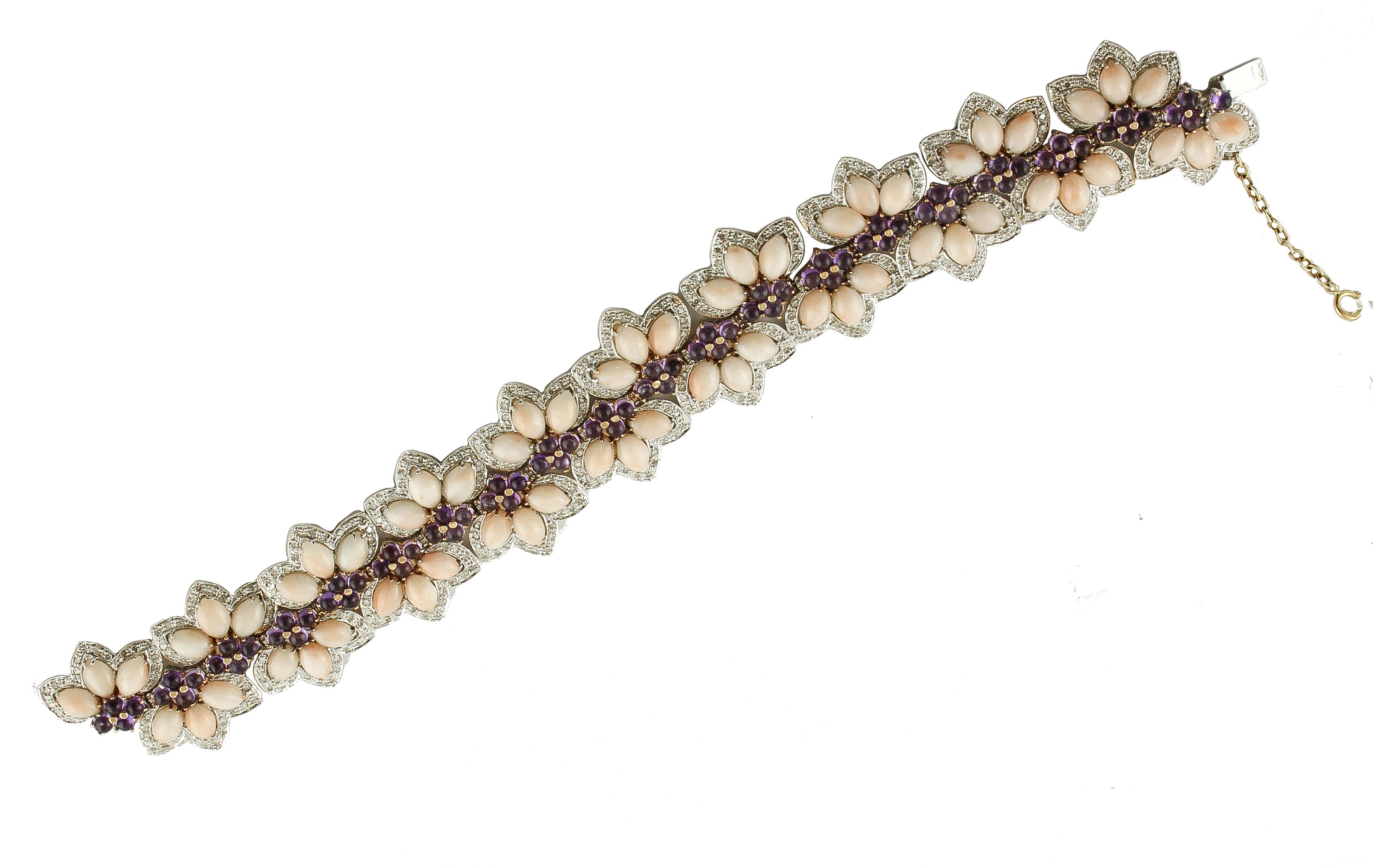 Retro White Diamonds, Amethysts, Pink Coral Drops, White/Rose Gold Flowers Bracelet For Sale