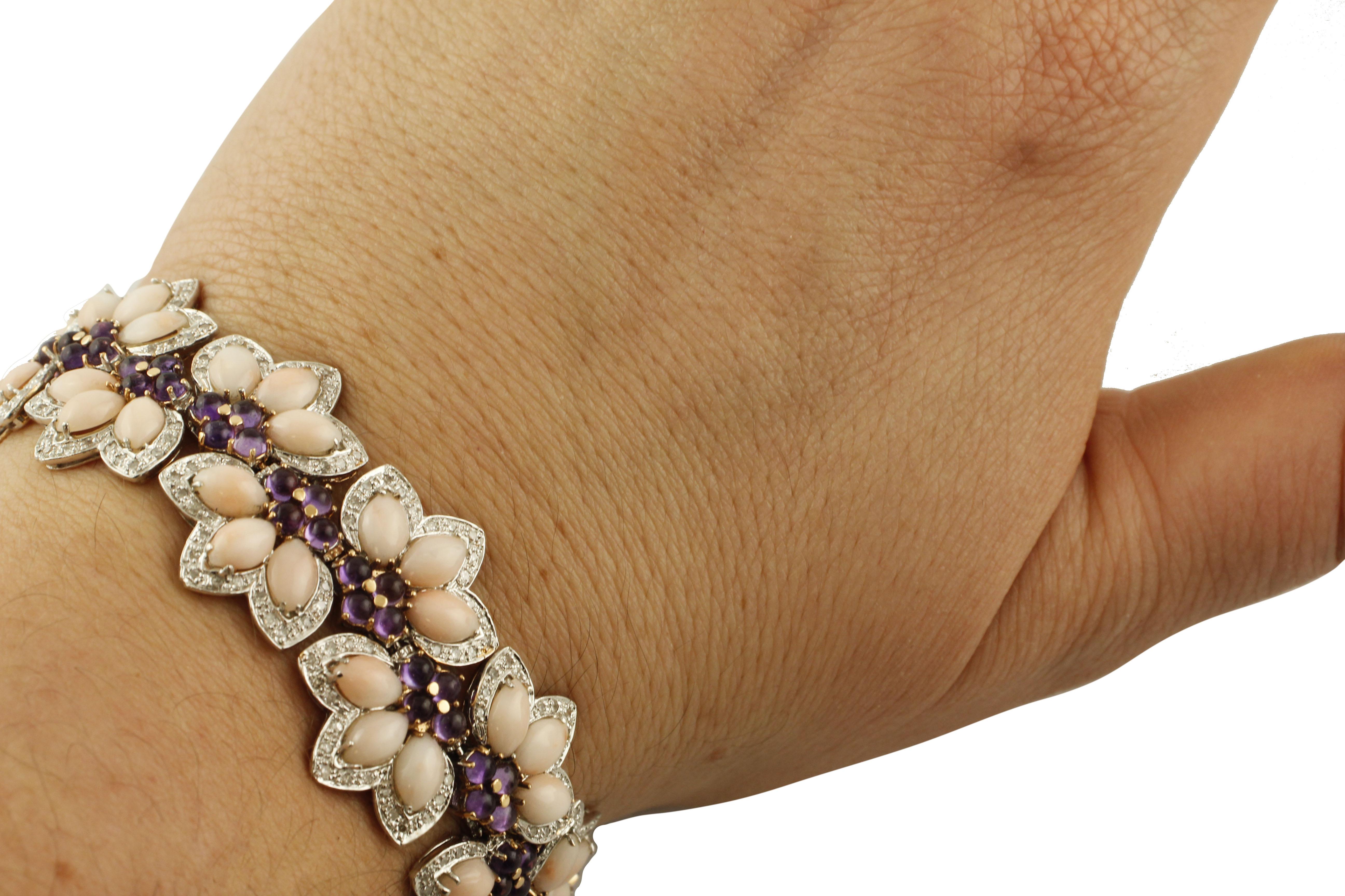 Women's White Diamonds, Amethysts, Pink Coral Drops, White/Rose Gold Flowers Bracelet For Sale