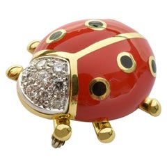 White Diamonds and Red Enamel Gold Ladybug Brooch Made in Italy