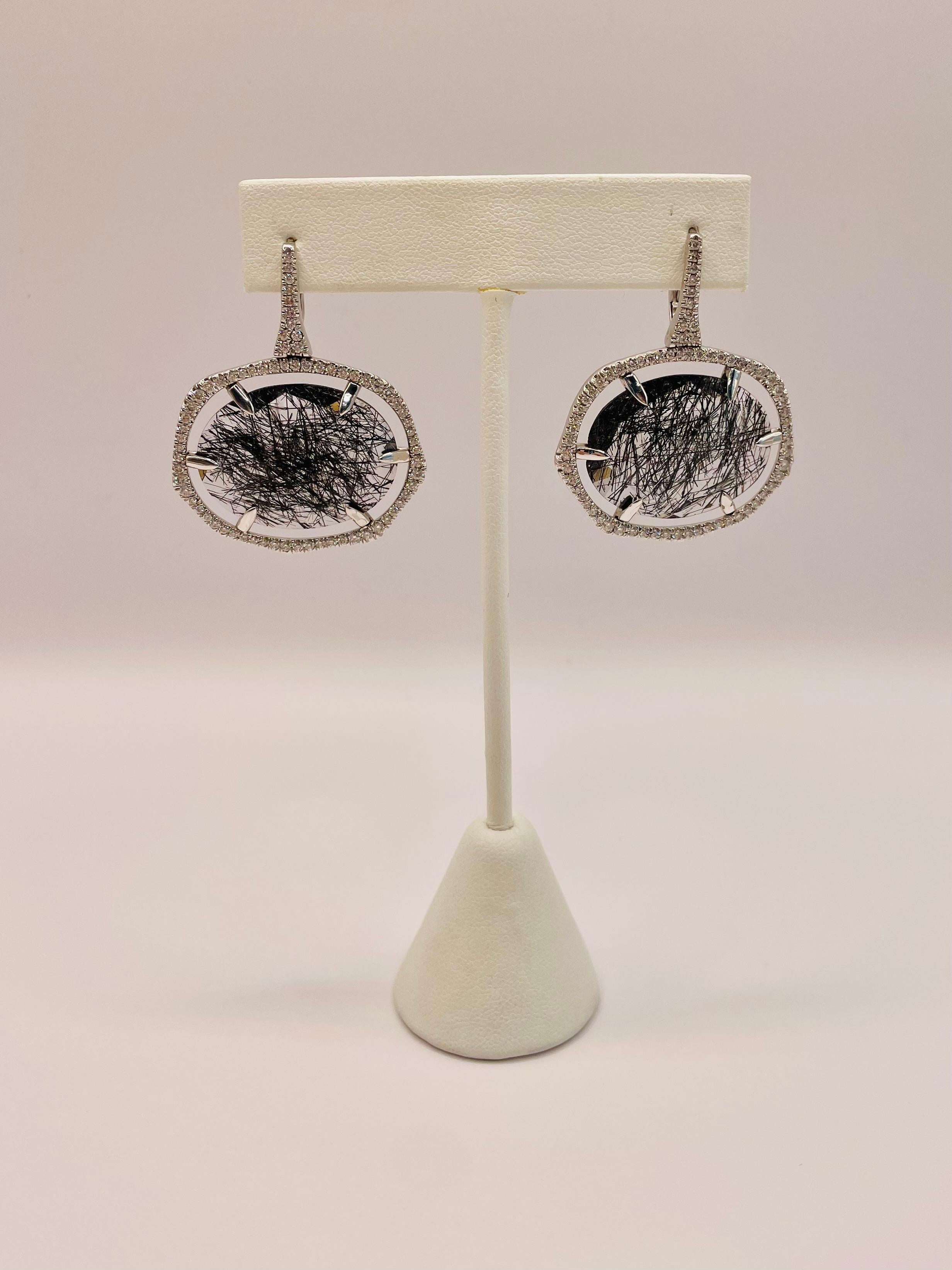 Contemporary White Diamonds and Rutilated Quartz Drop Earrings by Julia Shlovsky. For Sale