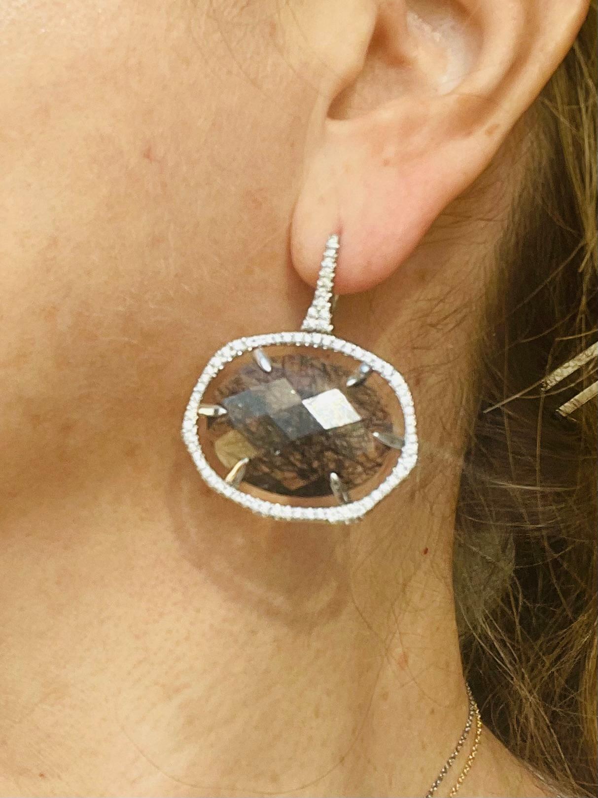 Round Cut White Diamonds and Rutilated Quartz Drop Earrings by Julia Shlovsky. For Sale