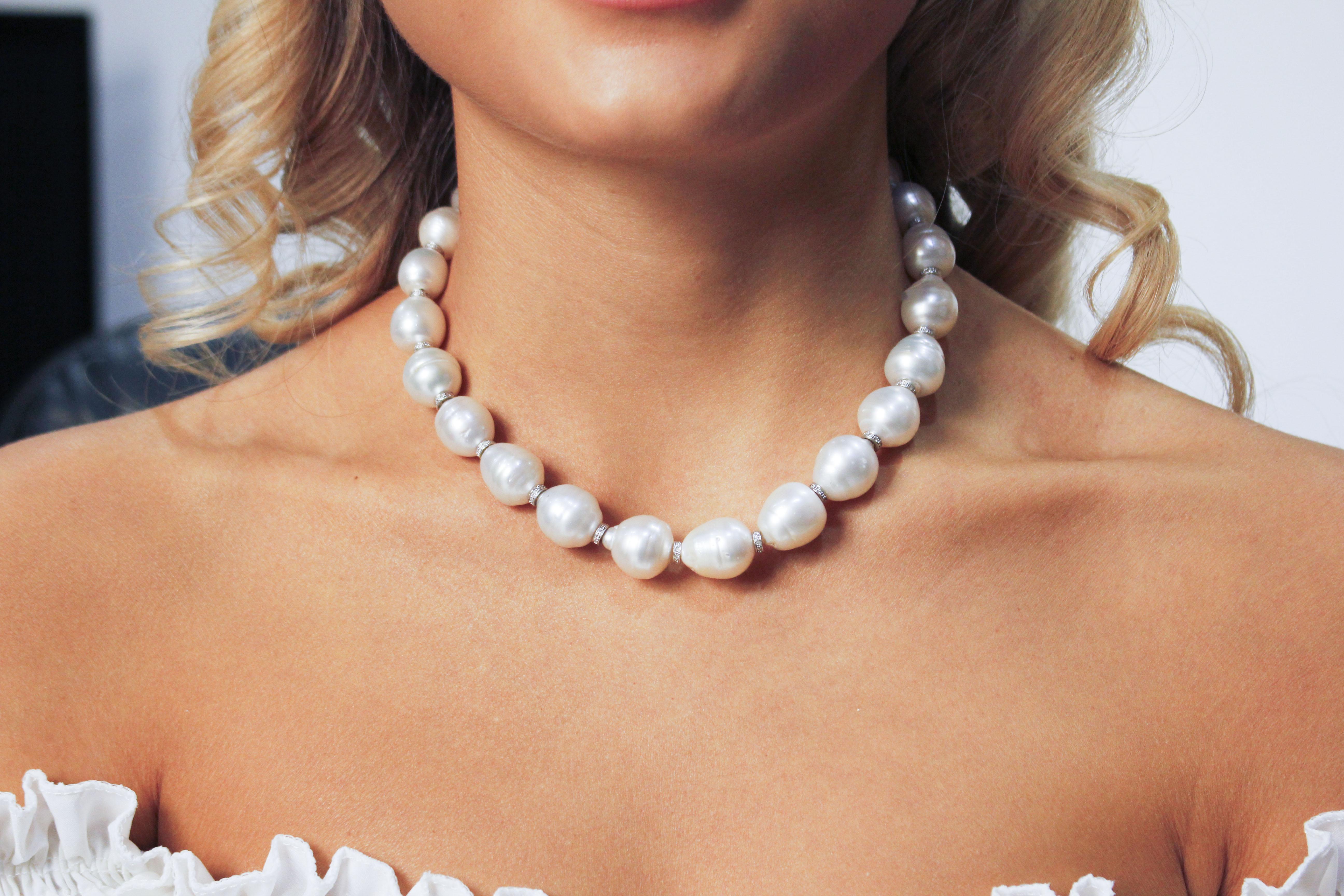 Retro White Diamonds Australian Baroque White Pearls White Gold Beaded Necklace For Sale