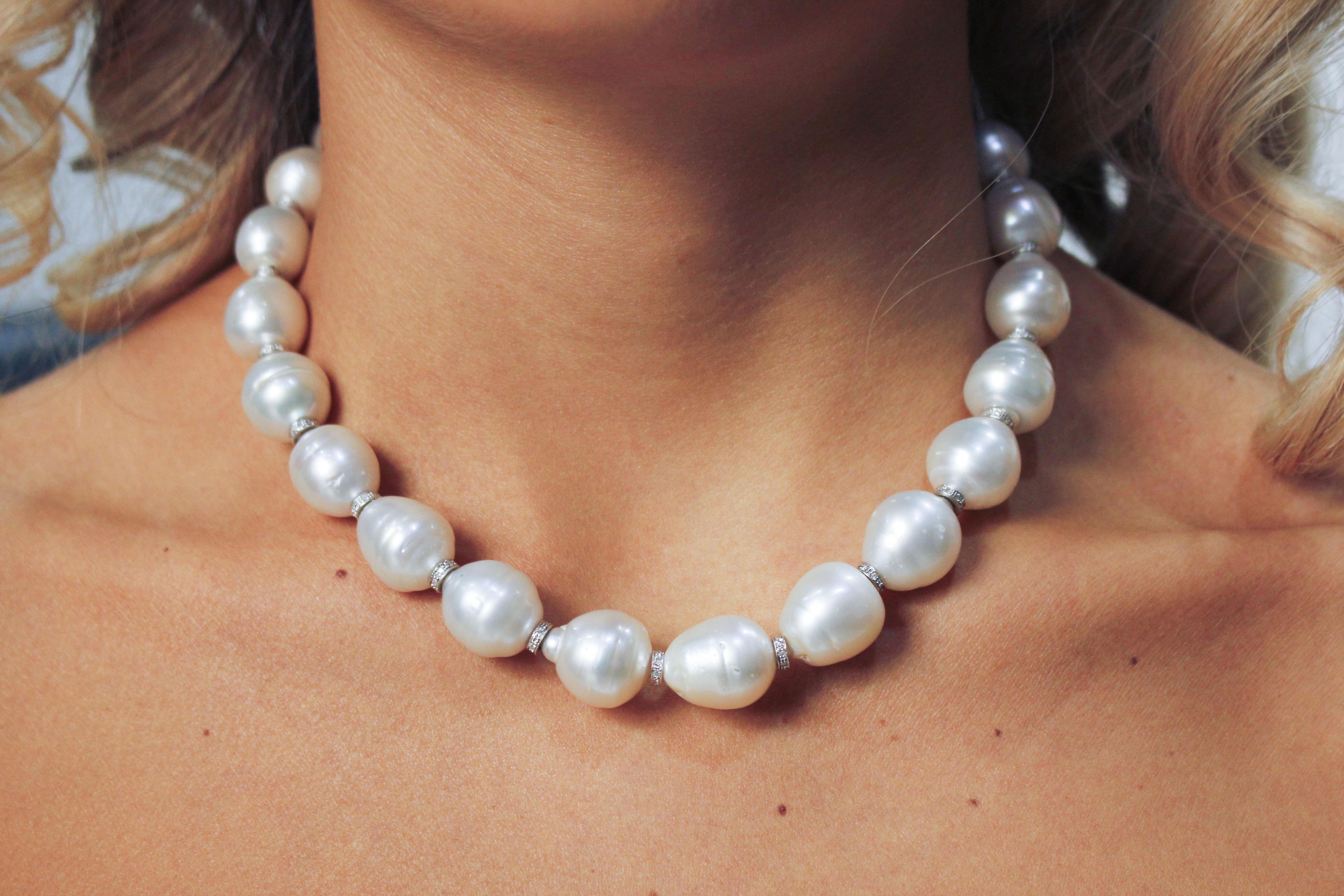 Brilliant Cut White Diamonds Australian Baroque White Pearls White Gold Beaded Necklace For Sale