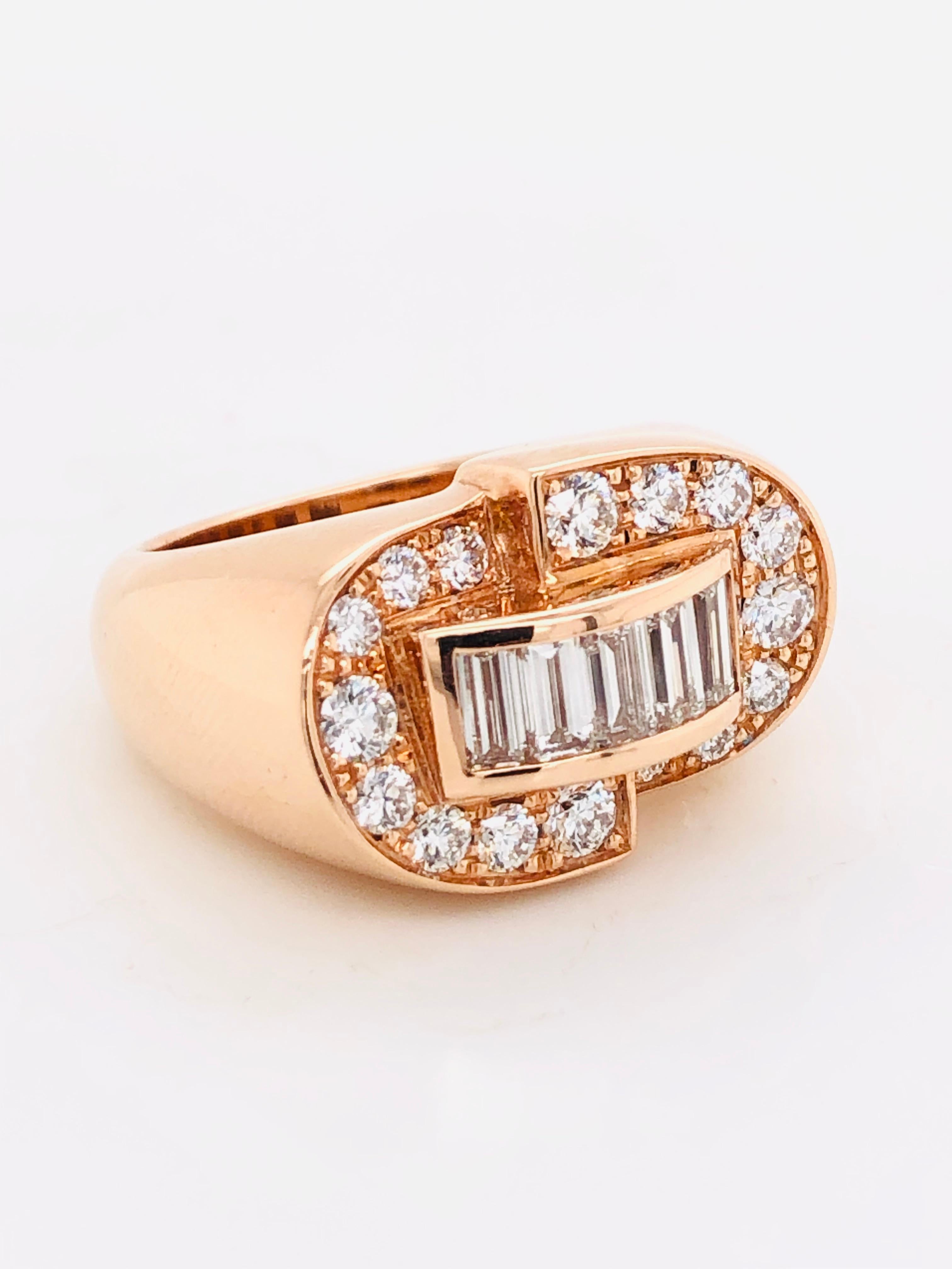 White Diamonds Baguette Cut and Brilliant Cut on Rose Gold 18 Karat Fashion Ring 5