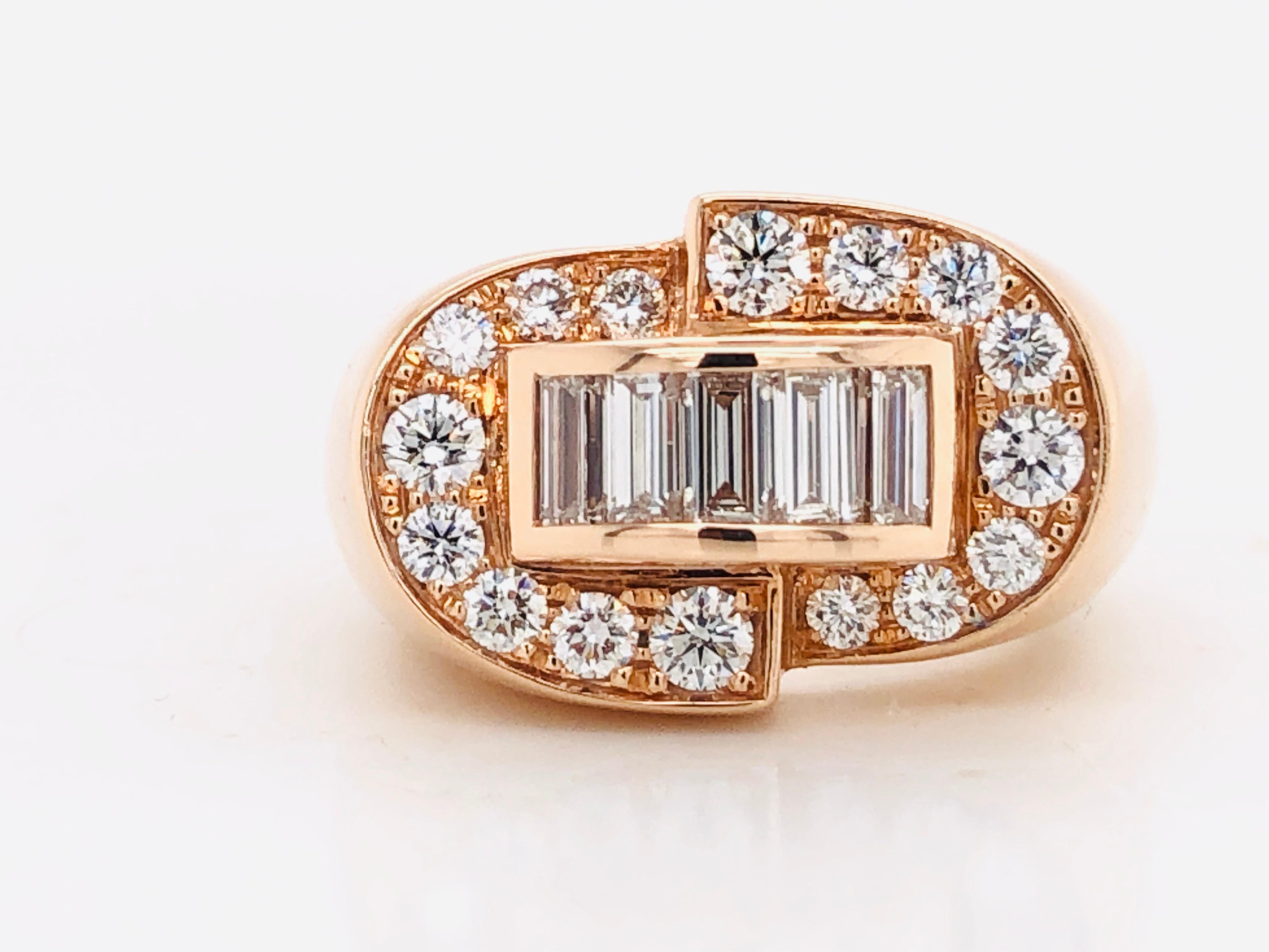 White Diamonds Baguette Cut and Brillant Cut on Rose Gold 18 k Fashion Ring 
White Diamonds Baguettes Cut and Brillant Cut 1.57 ct and 1.55 ct 
Art deco shape.
French Size : 52.5
US Sise : 6
British Size : M
Weight of gold : 13.65 grams 