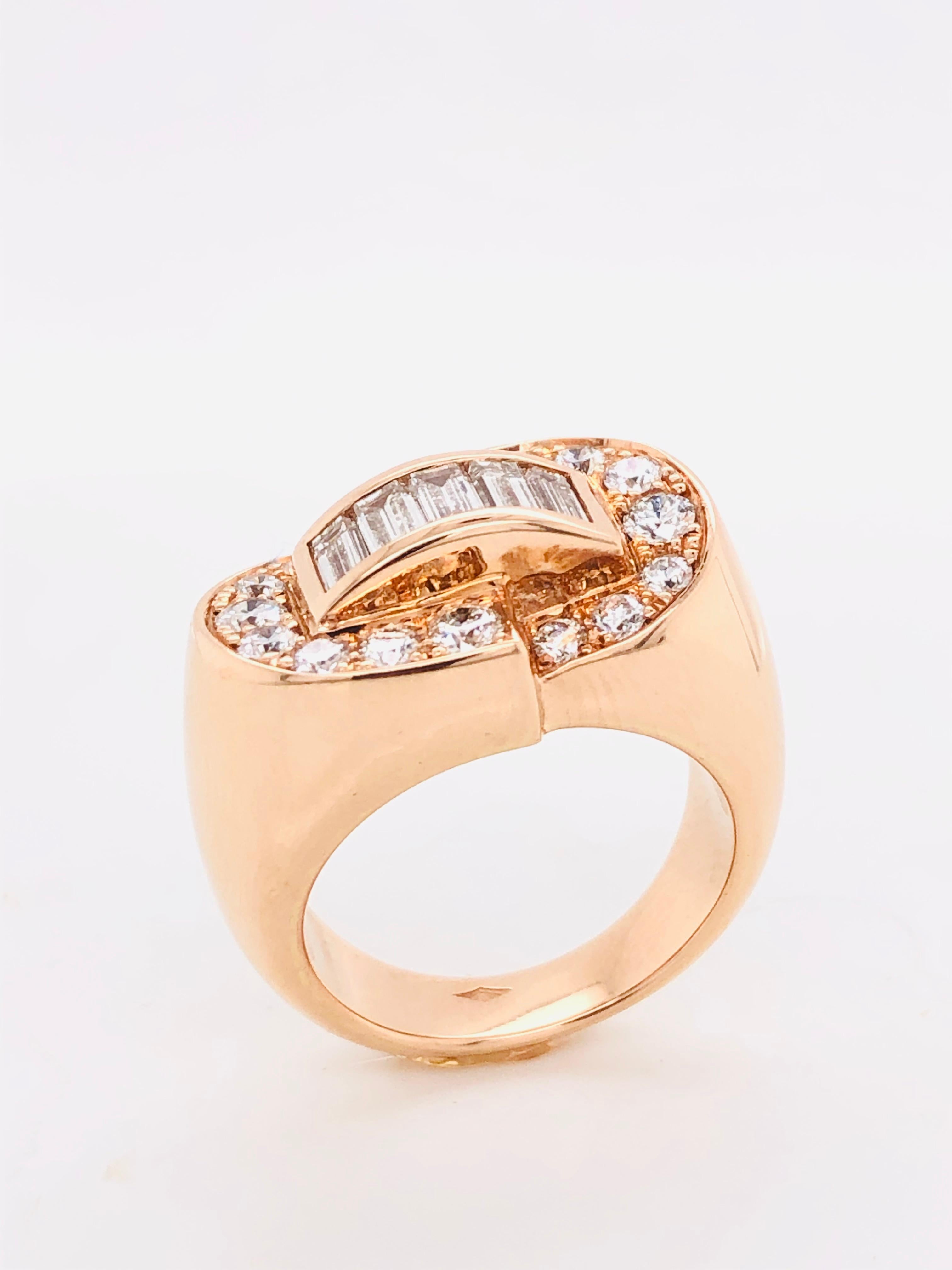 Art Deco White Diamonds Baguette Cut and Brilliant Cut on Rose Gold 18 Karat Fashion Ring