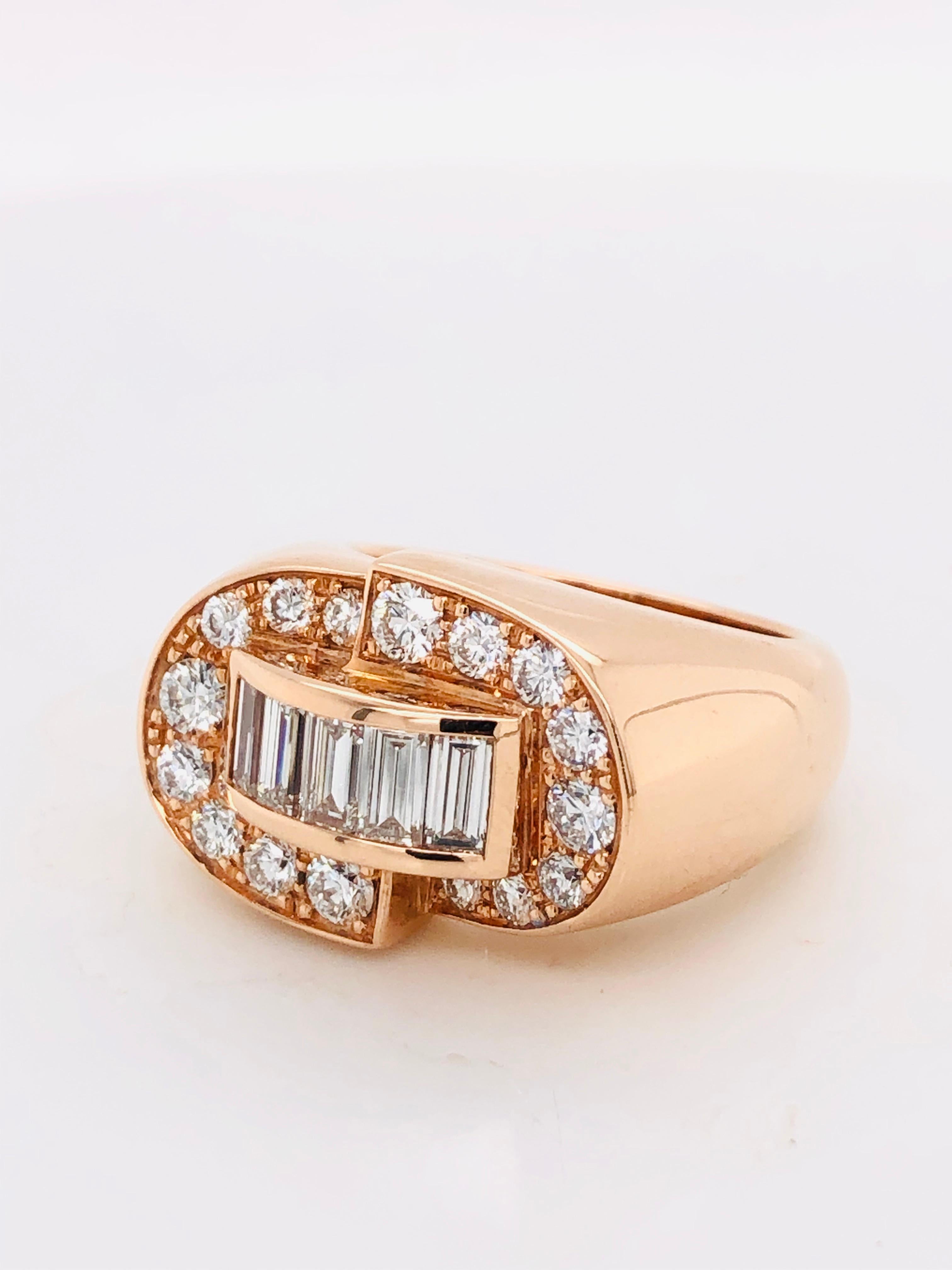 White Diamonds Baguette Cut and Brilliant Cut on Rose Gold 18 Karat Fashion Ring 1