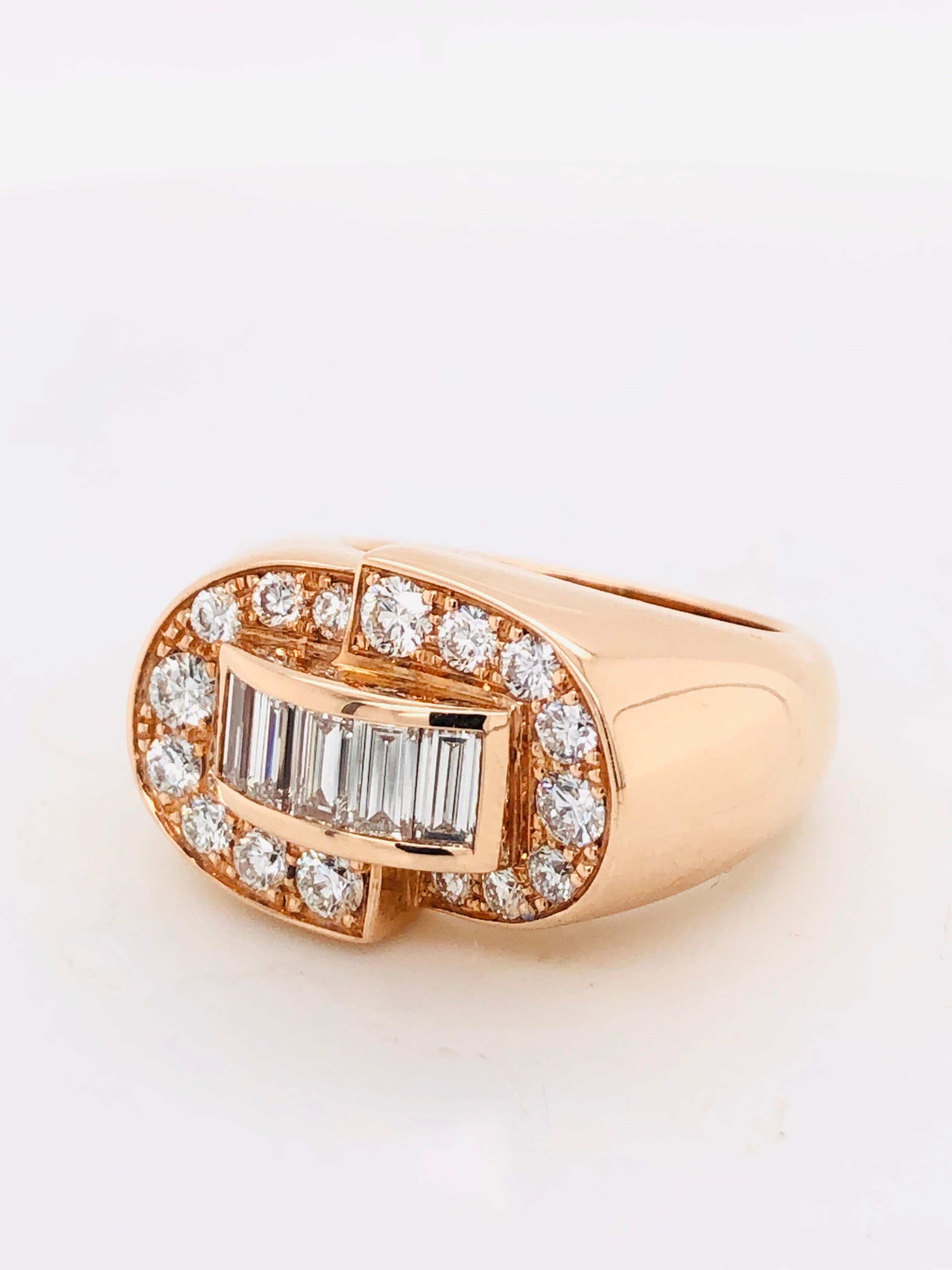 White Diamonds Baguette Cut and Brilliant Cut on Rose Gold 18 Karat Fashion Ring 2
