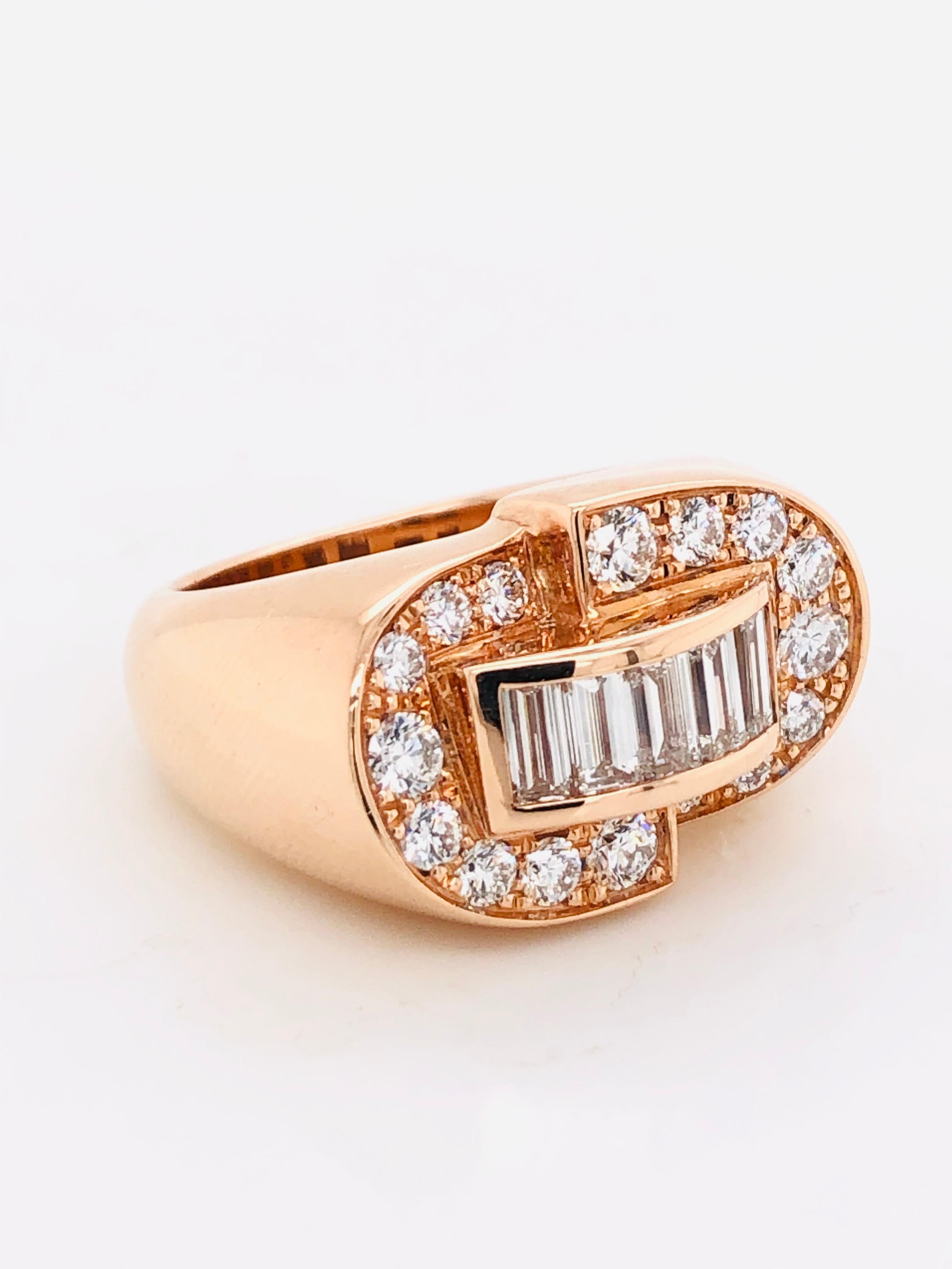 White Diamonds Baguette Cut and Brilliant Cut on Rose Gold 18 Karat Fashion Ring 3