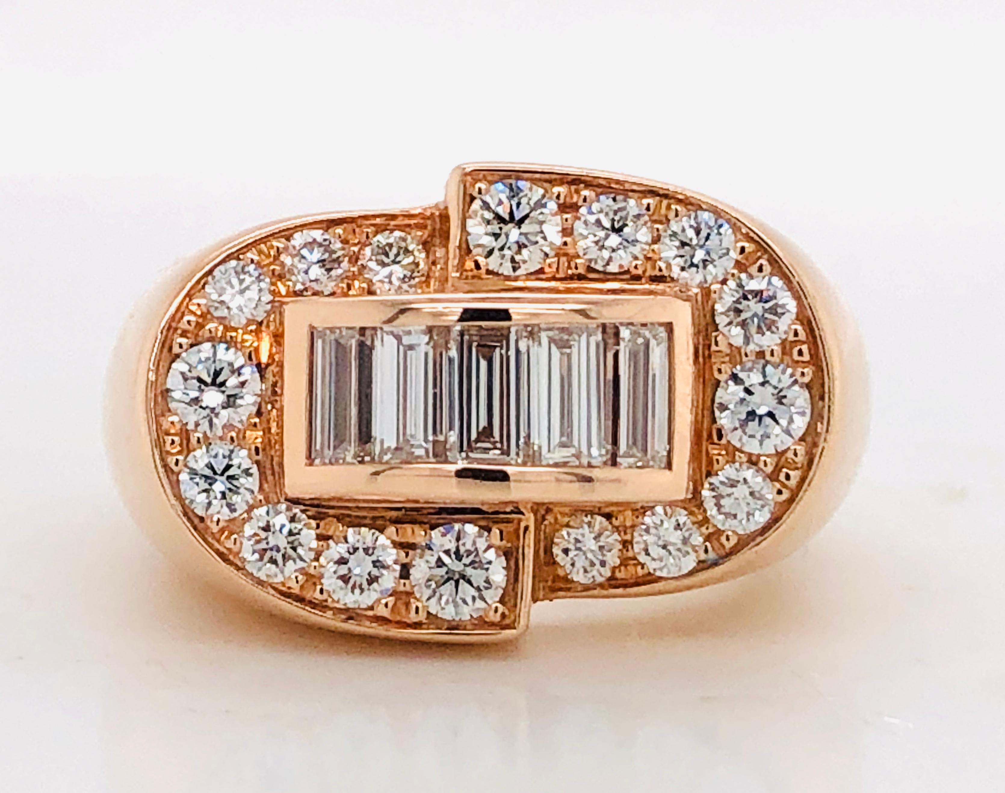 White Diamonds Baguette Cut and Brilliant Cut on Rose Gold 18 Karat Fashion Ring 4