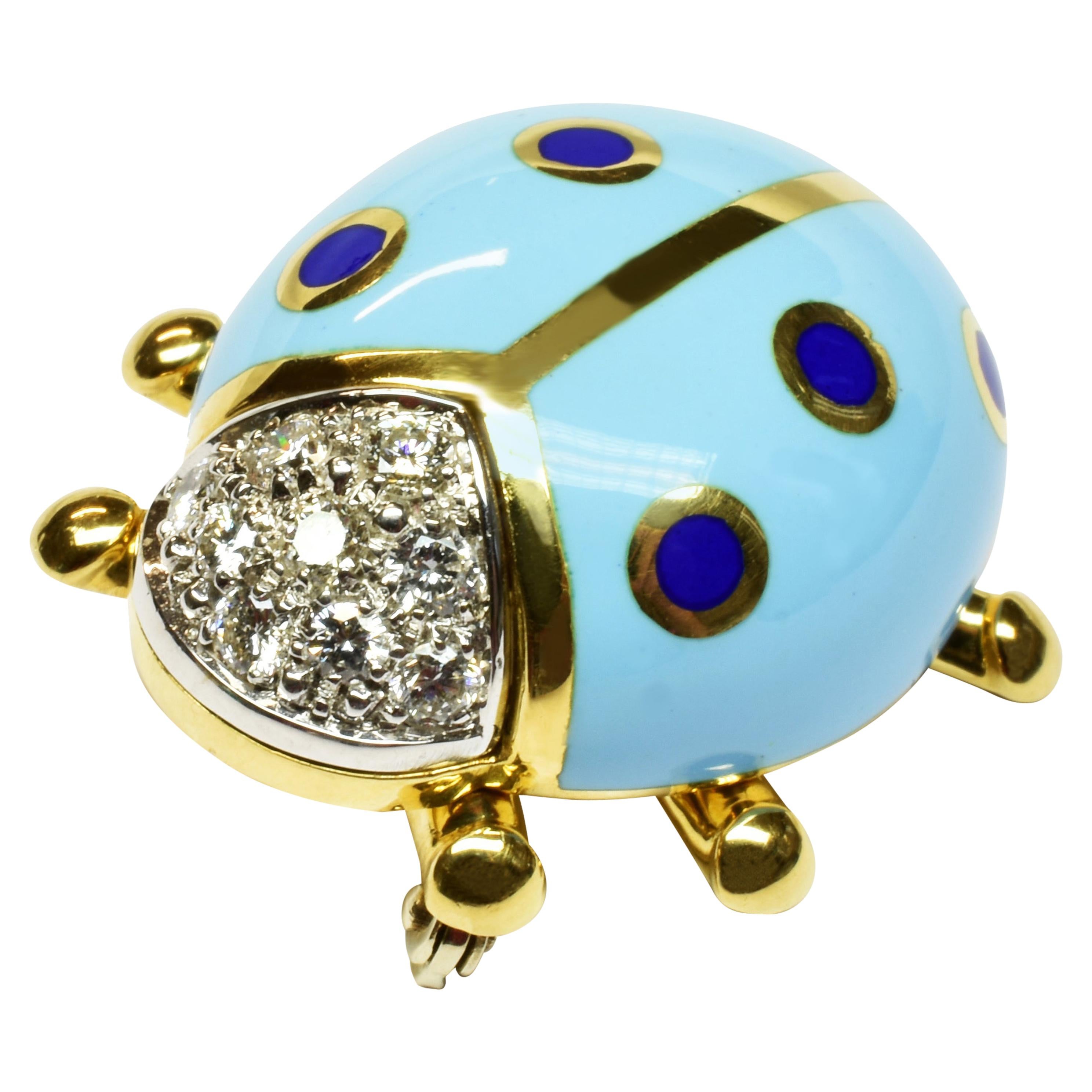 White Diamonds Blue Enamel Gold Ladybug Brooch Made in Italy